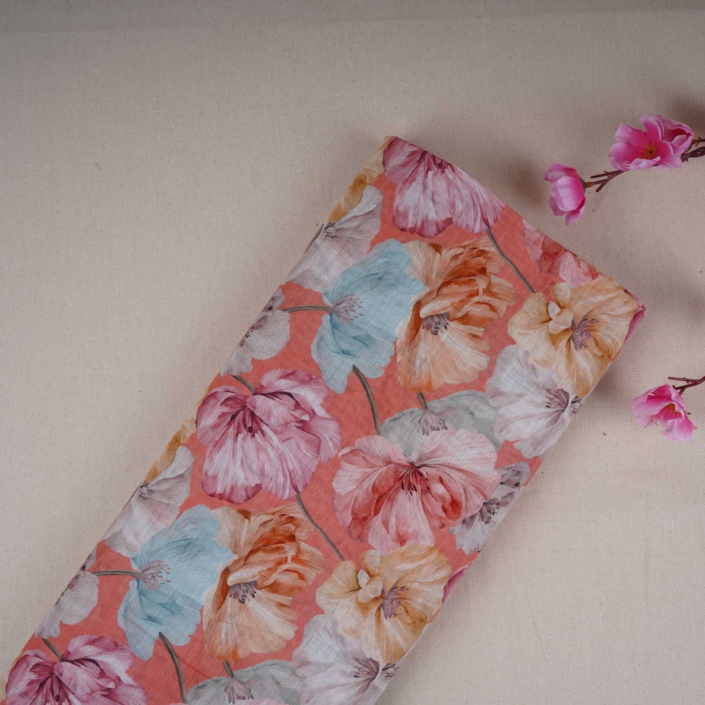 Salmon Pink Floral Print Cotton Linen Fabric RT-30906