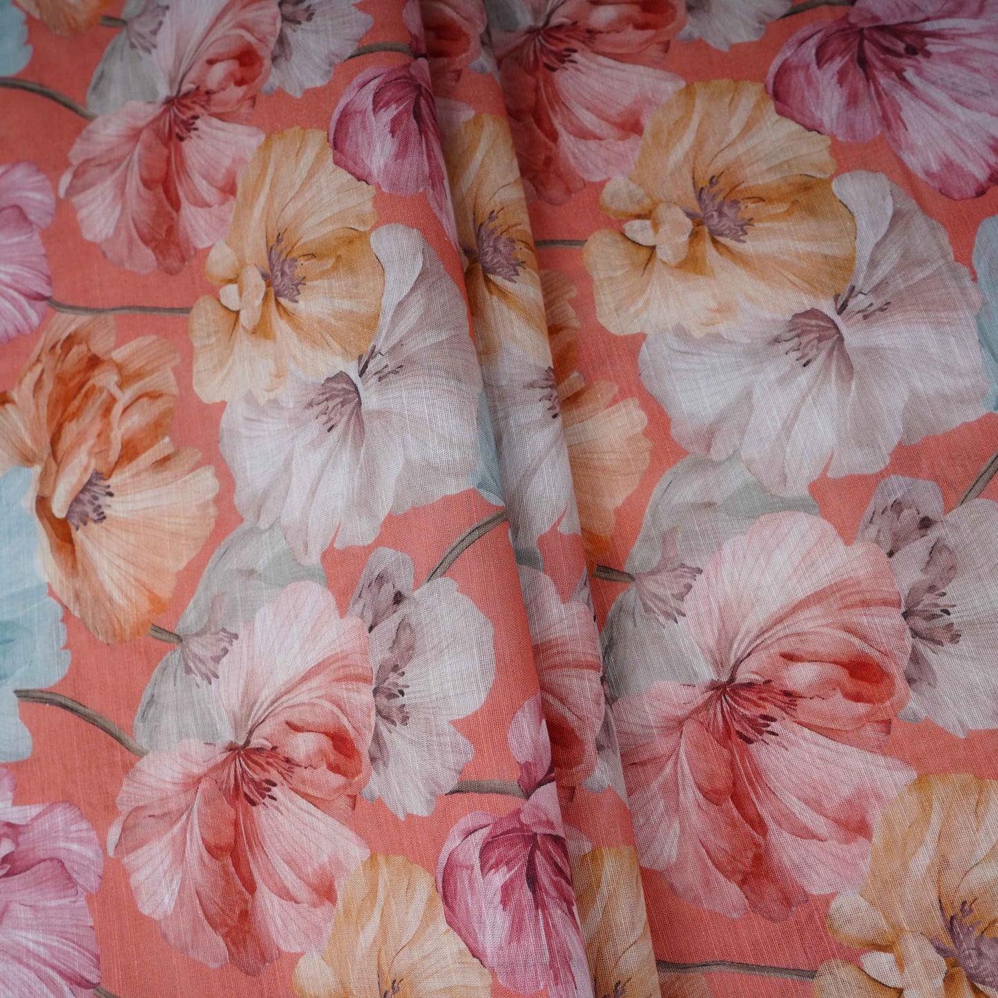 Salmon Pink Floral Print Cotton Linen Fabric RT-30906