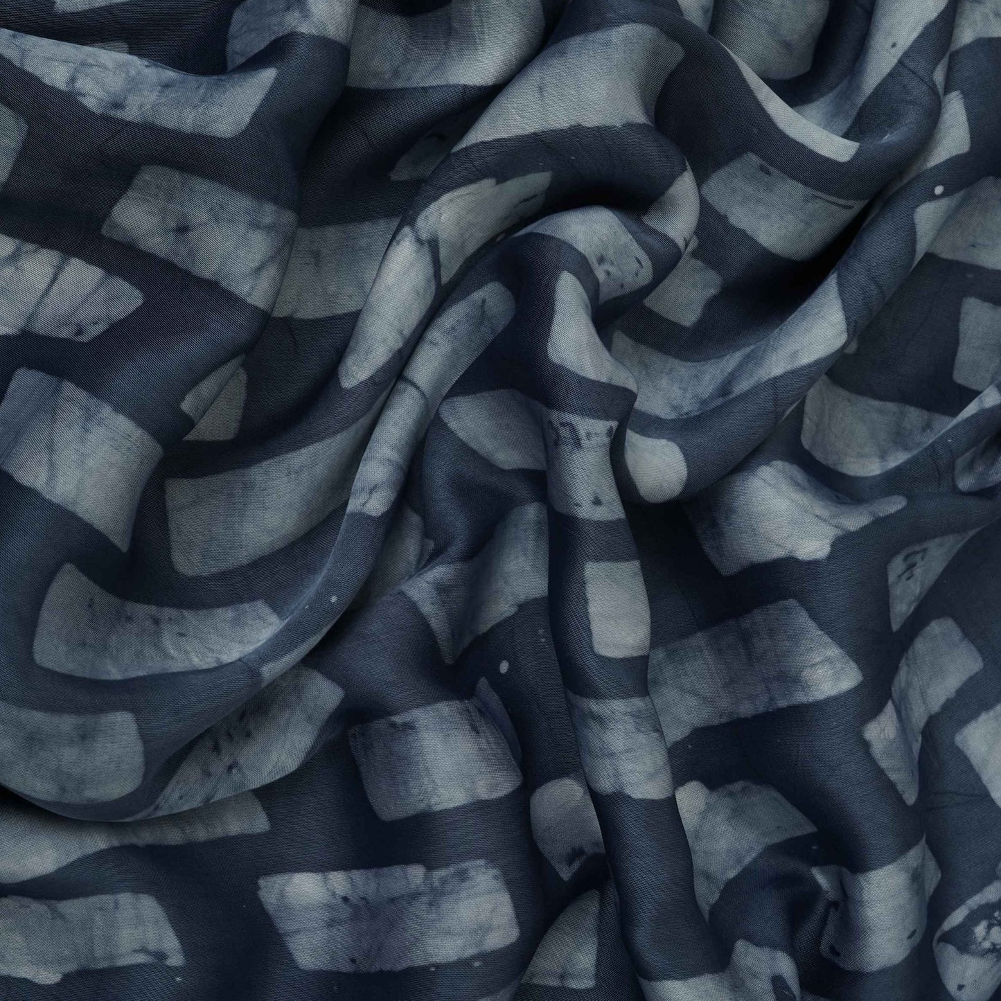Indigo Blue Block Batik Print Modal Satin Fabric EEG-32490