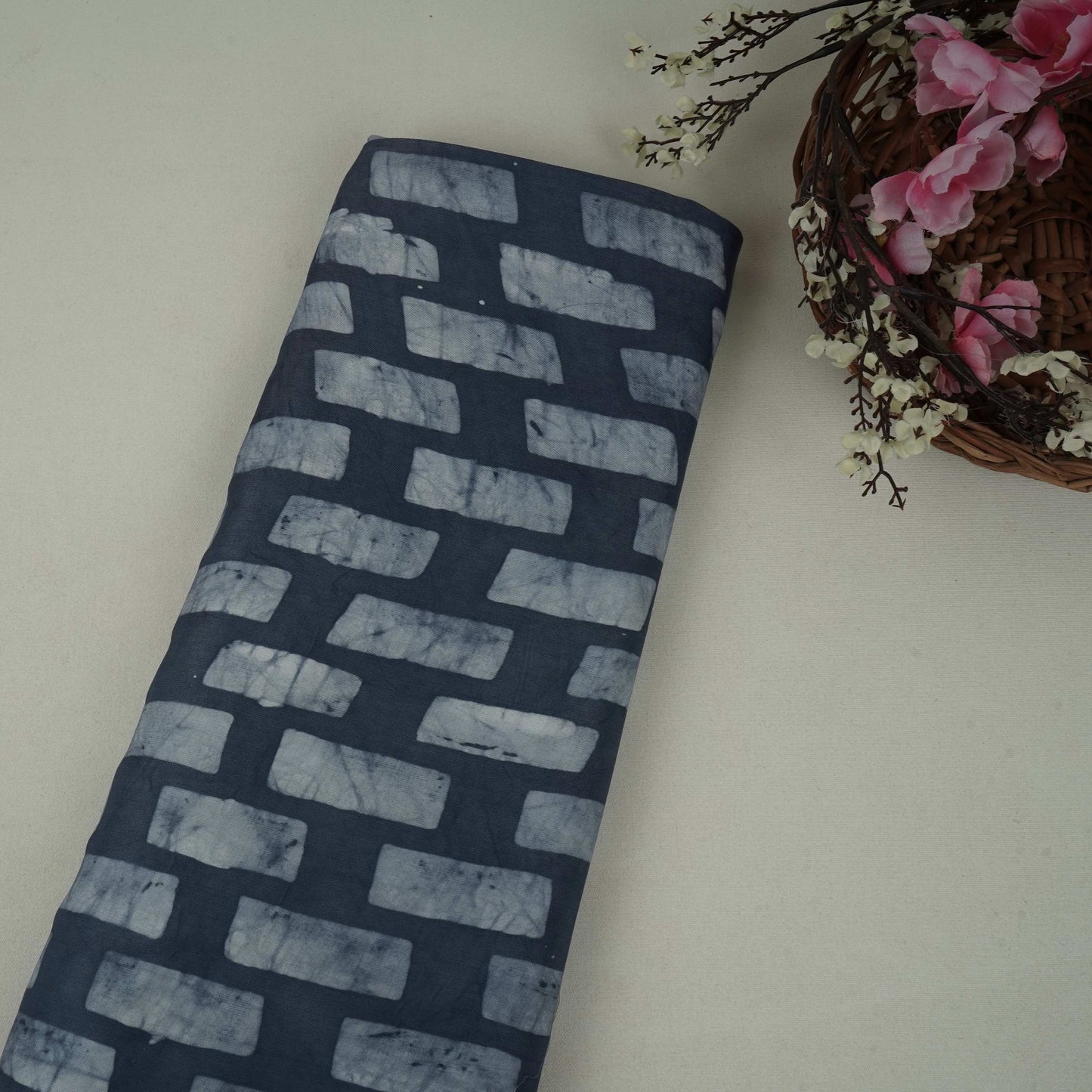 Indigo Blue Block Batik Print Modal Satin Fabric EEG-32490
