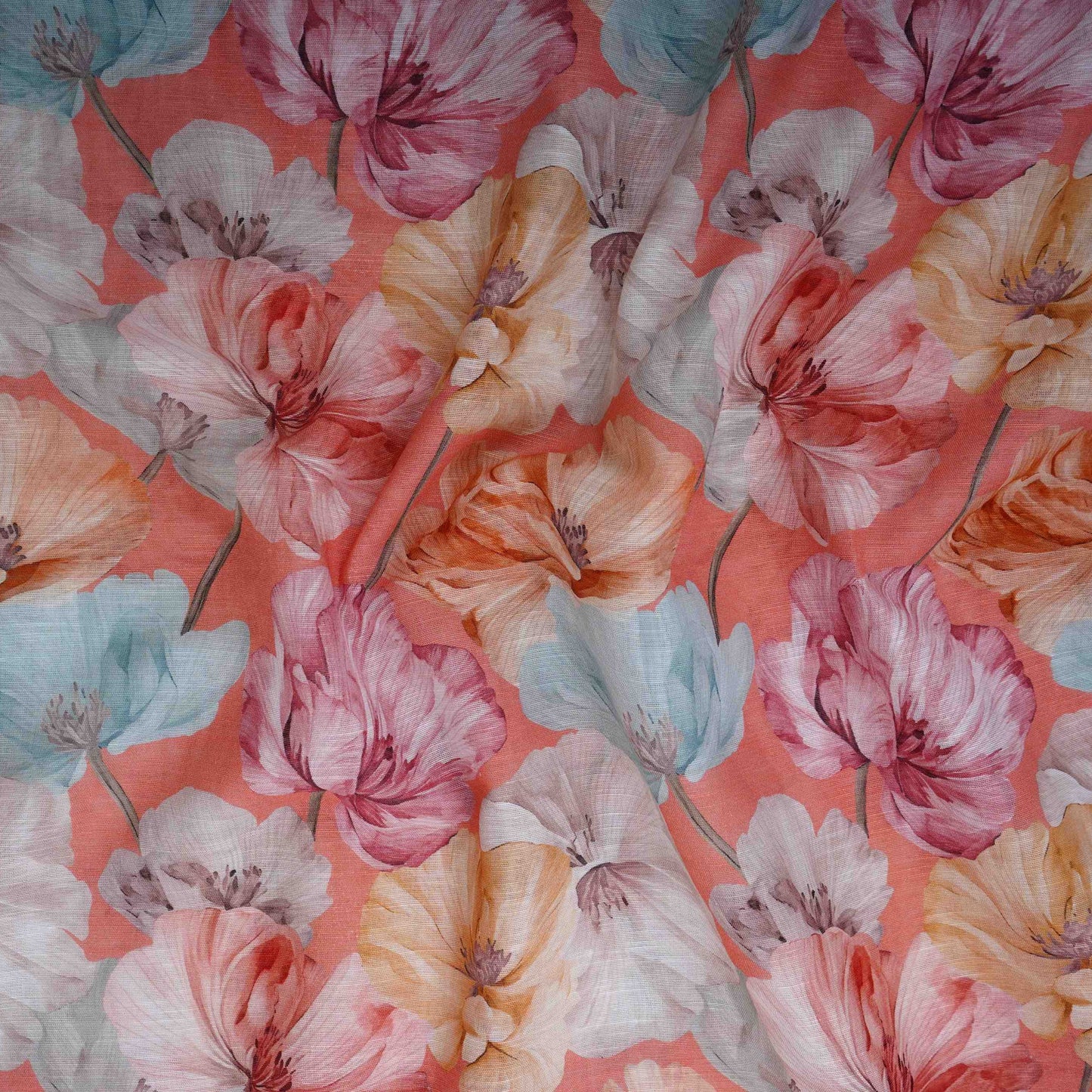 Salmon Pink Floral Print Cotton Linen Fabric RT-30906