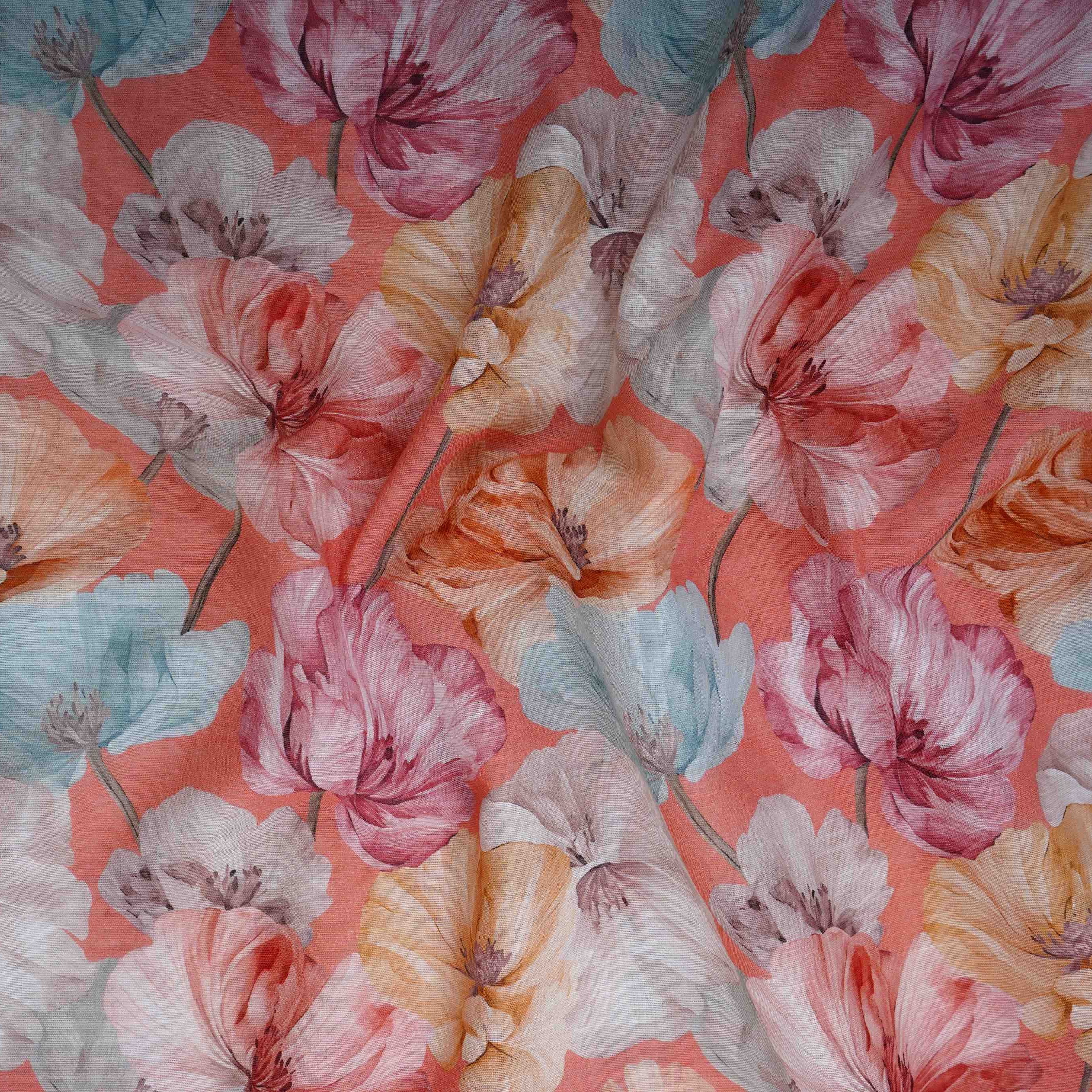 Salmon Pink Floral Print Cotton Linen Fabric RT-30906 - TradeUNO