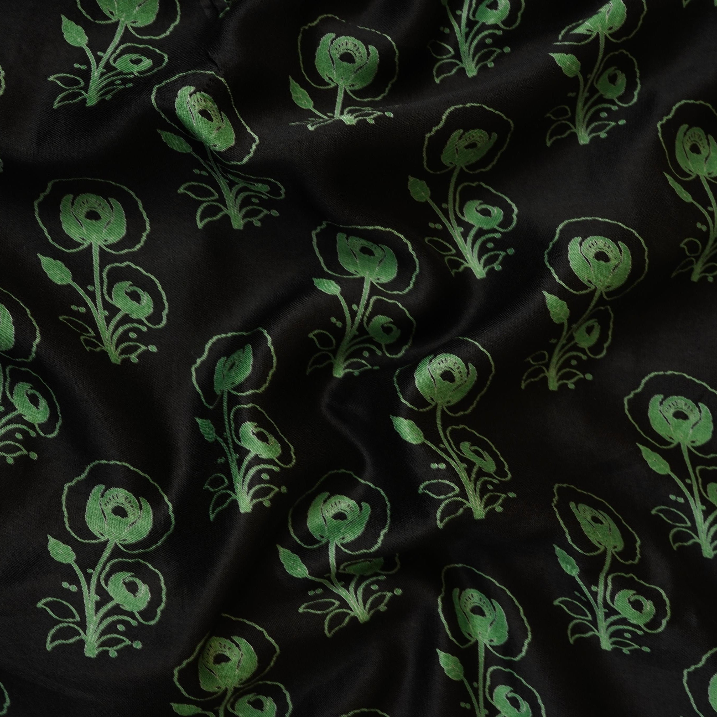 Black Floral Print Pure 70gm Chanderi Fabric SN-30539 - TradeUNO
