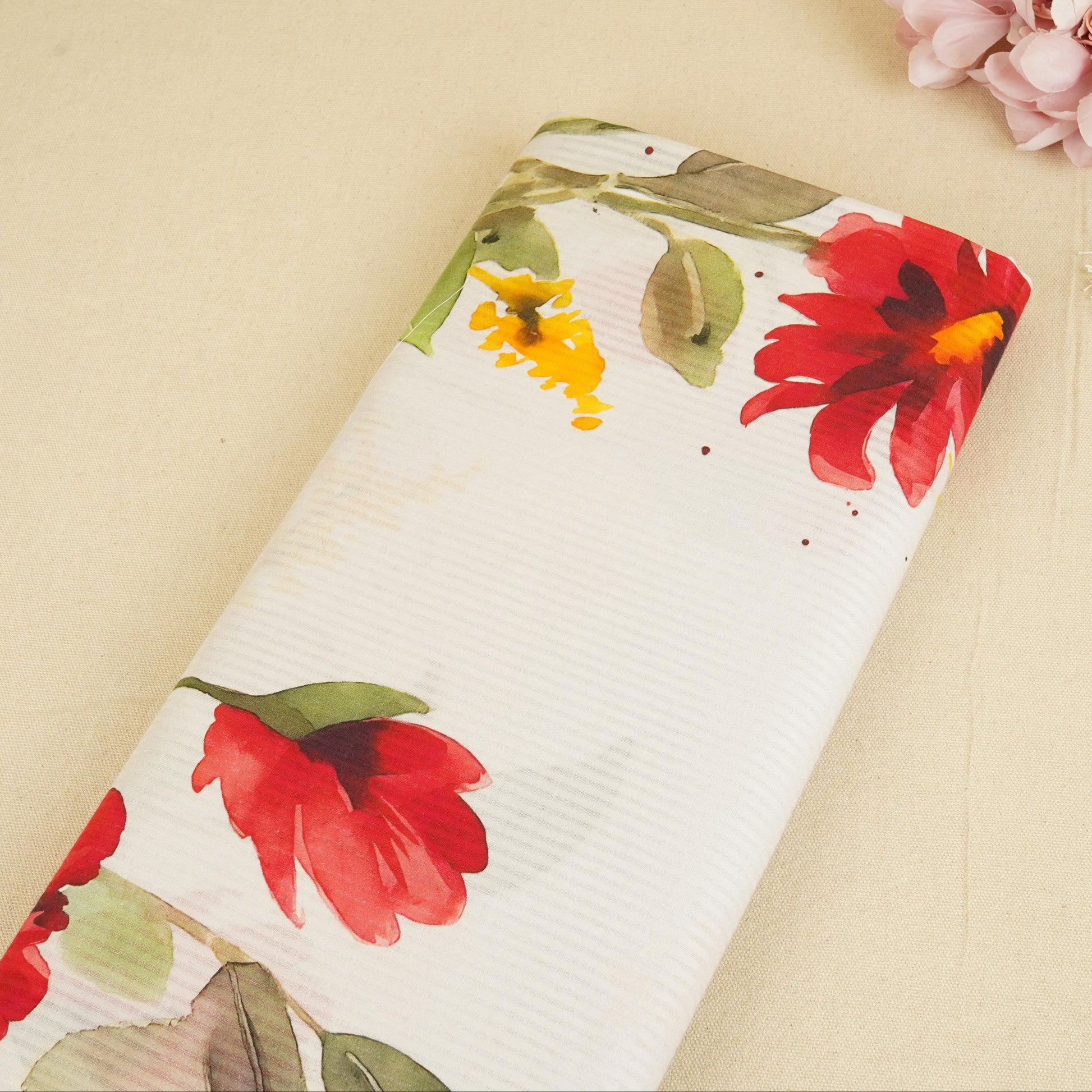 Off White Floral Print Cotton Fabric MT-29383