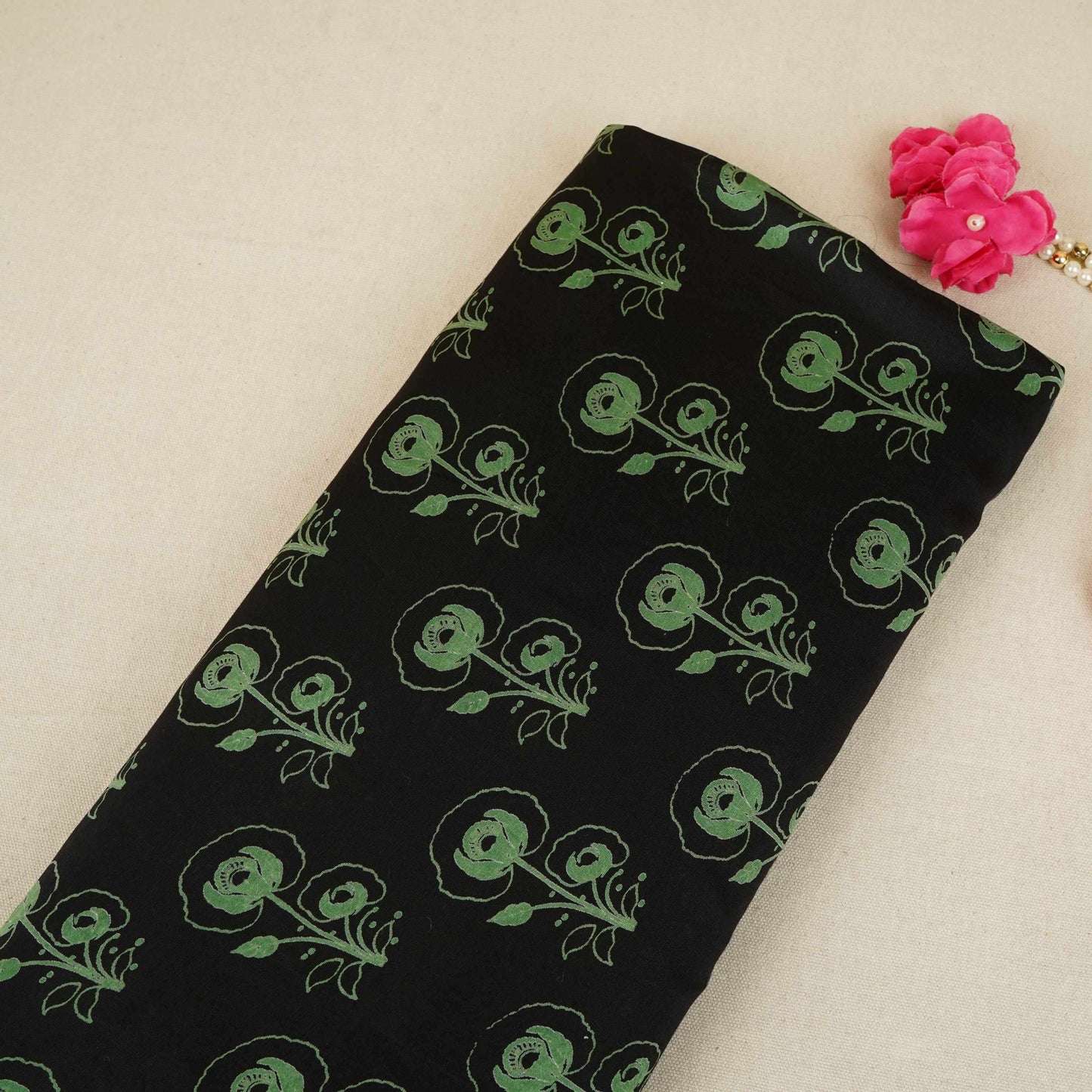 Black Floral Print Pure 70gm Chanderi Fabric SN-30539