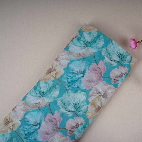 Aqua Blue Floral Print Cotton Linen Fabric RT-30917