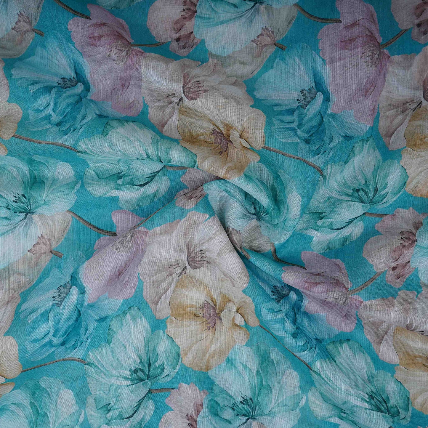 Aqua Blue Floral Print Cotton Linen Fabric RT-30917