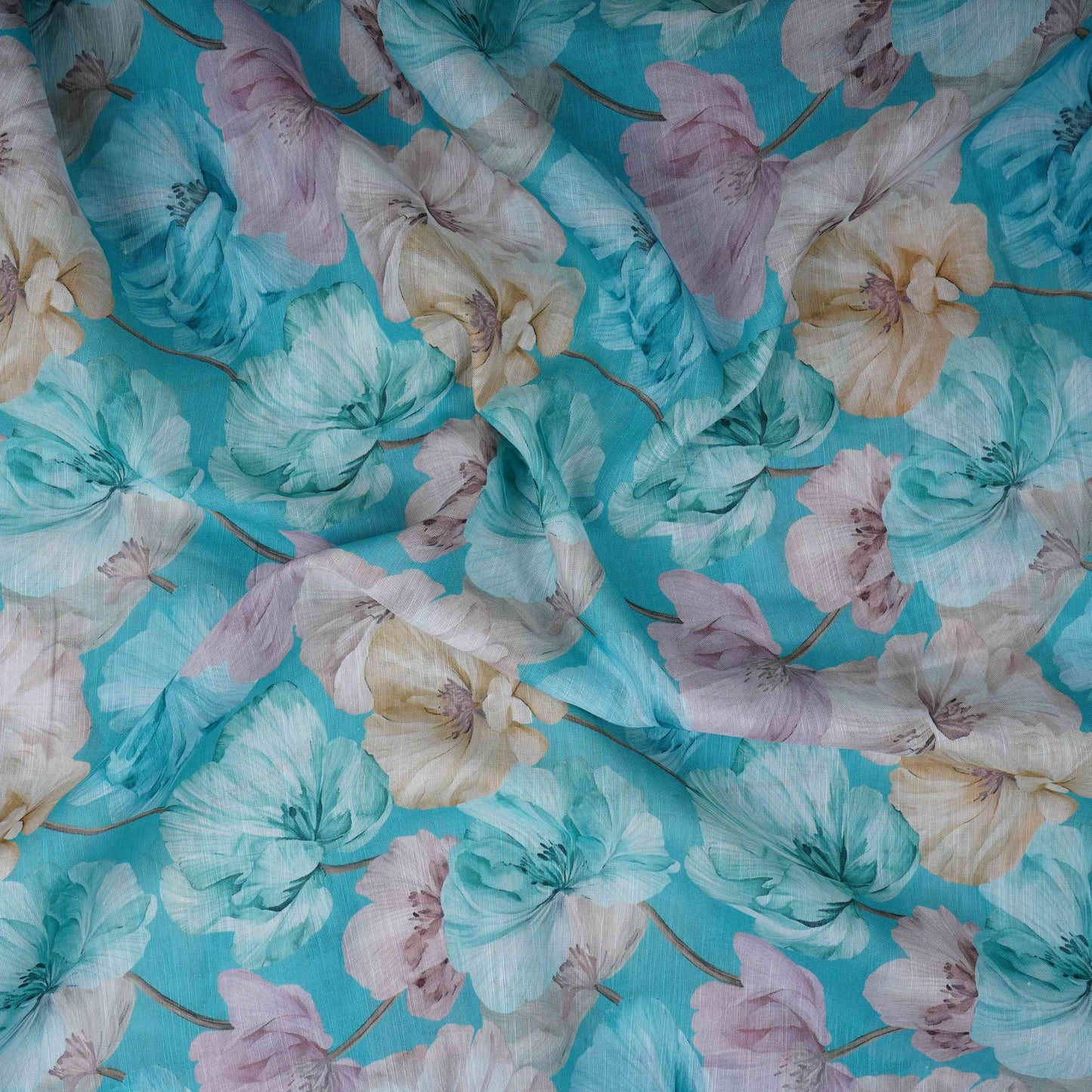 Aqua Blue Floral Print Cotton Linen Fabric RT-30917