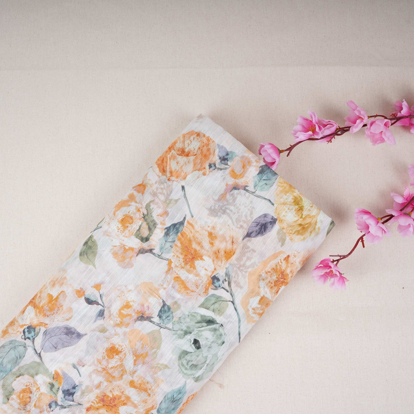 Off White Floral Print Cotton Linen Fabric RT-30903