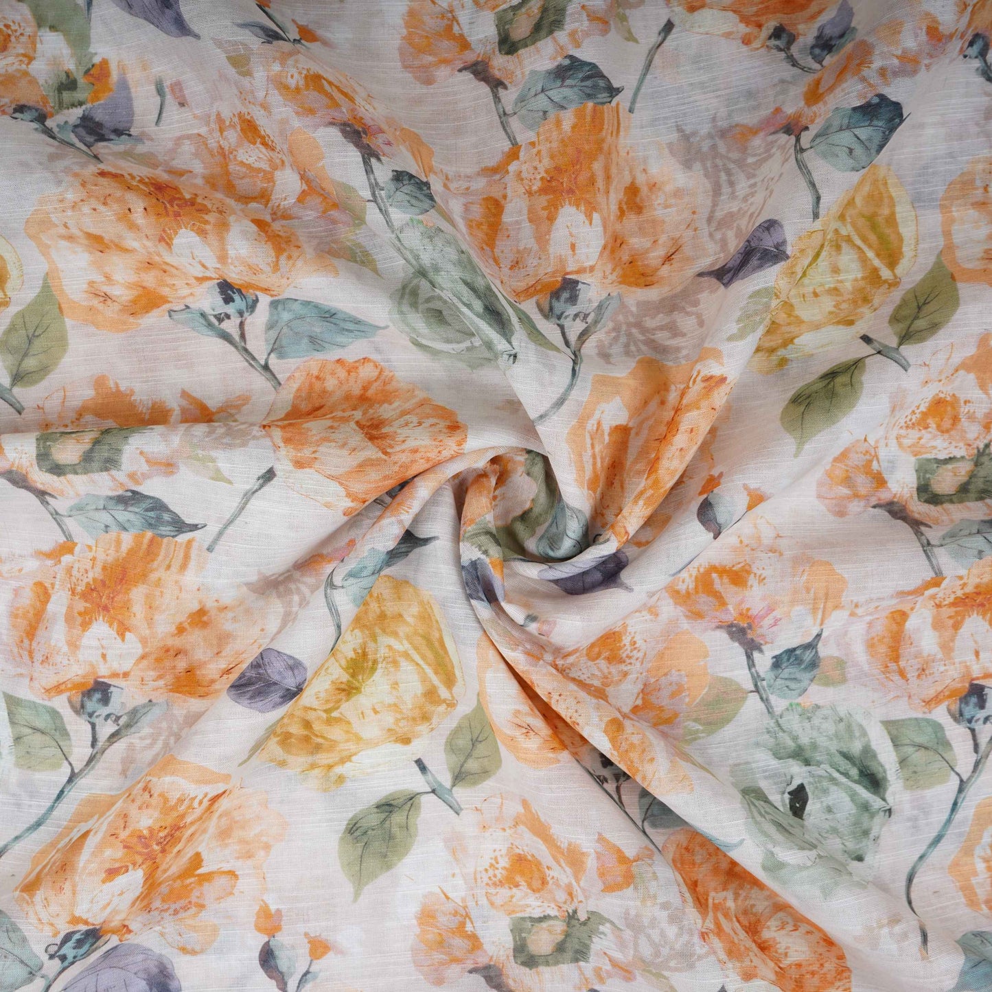 Off White Floral Print Cotton Linen Fabric RT-30903