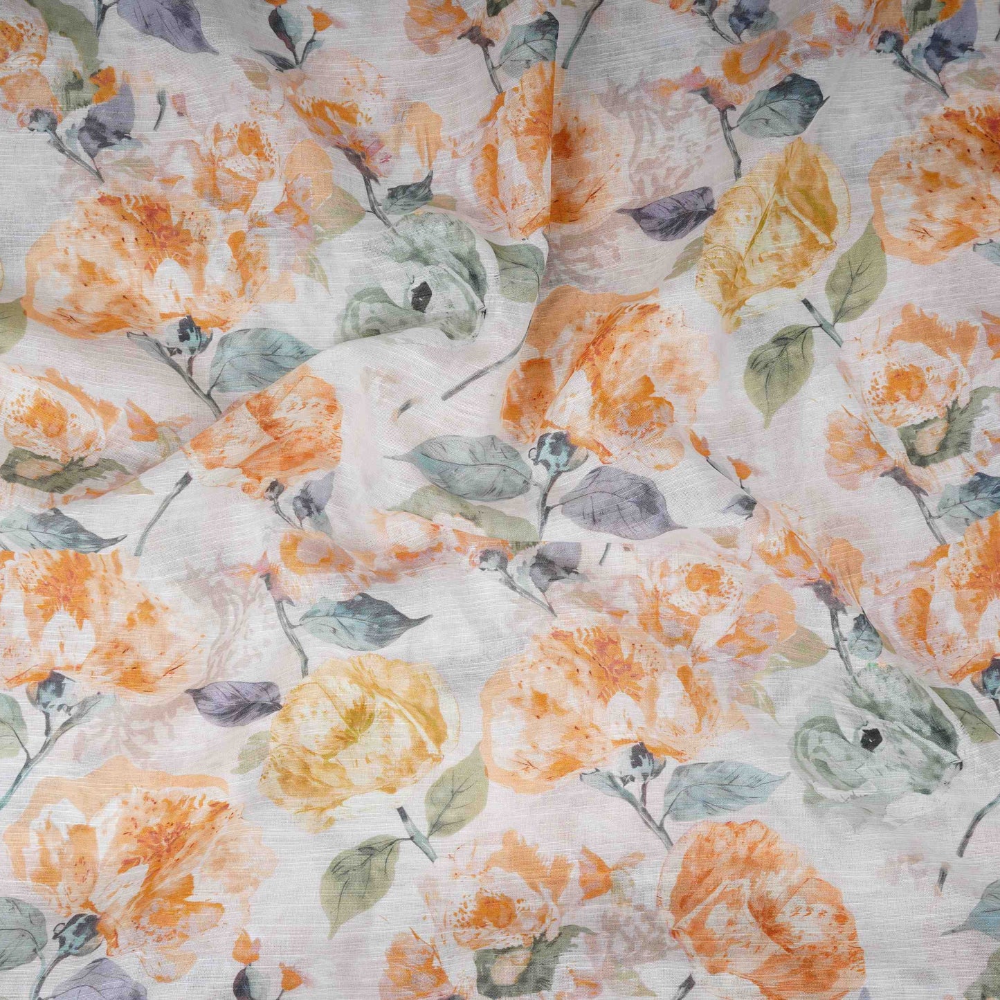 Off White Floral Print Cotton Linen Fabric RT-30903