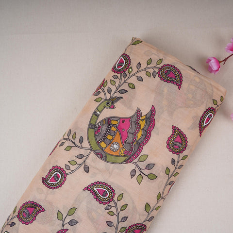 Beige Pen Kalamkari With Hand Embroidery Mul Chanderi Fabric VF-30665
