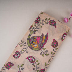 Beige Pen Kalamkari With Hand Embroidery Mul Chanderi Fabric VF-30665