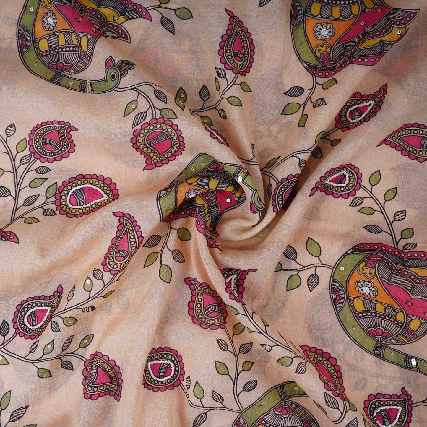 Beige Pen Kalamkari With Hand Embroidery Mul Chanderi Fabric VF-30665