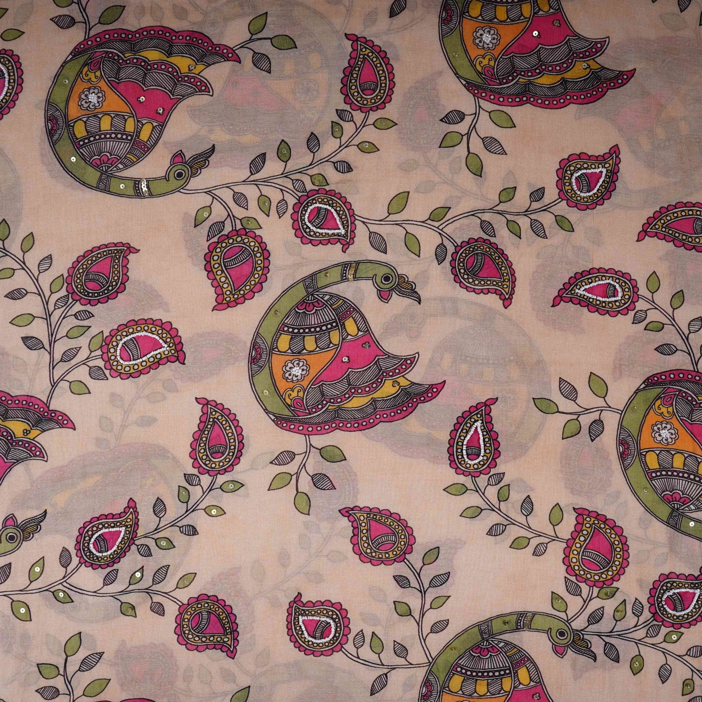 Beige Pen Kalamkari With Hand Embroidery Mul Chanderi Fabric VF-30665