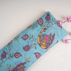Turquoise Blue Pen Kalamkari With Hand Embroidery Mul Chanderi Fabric VF-30666