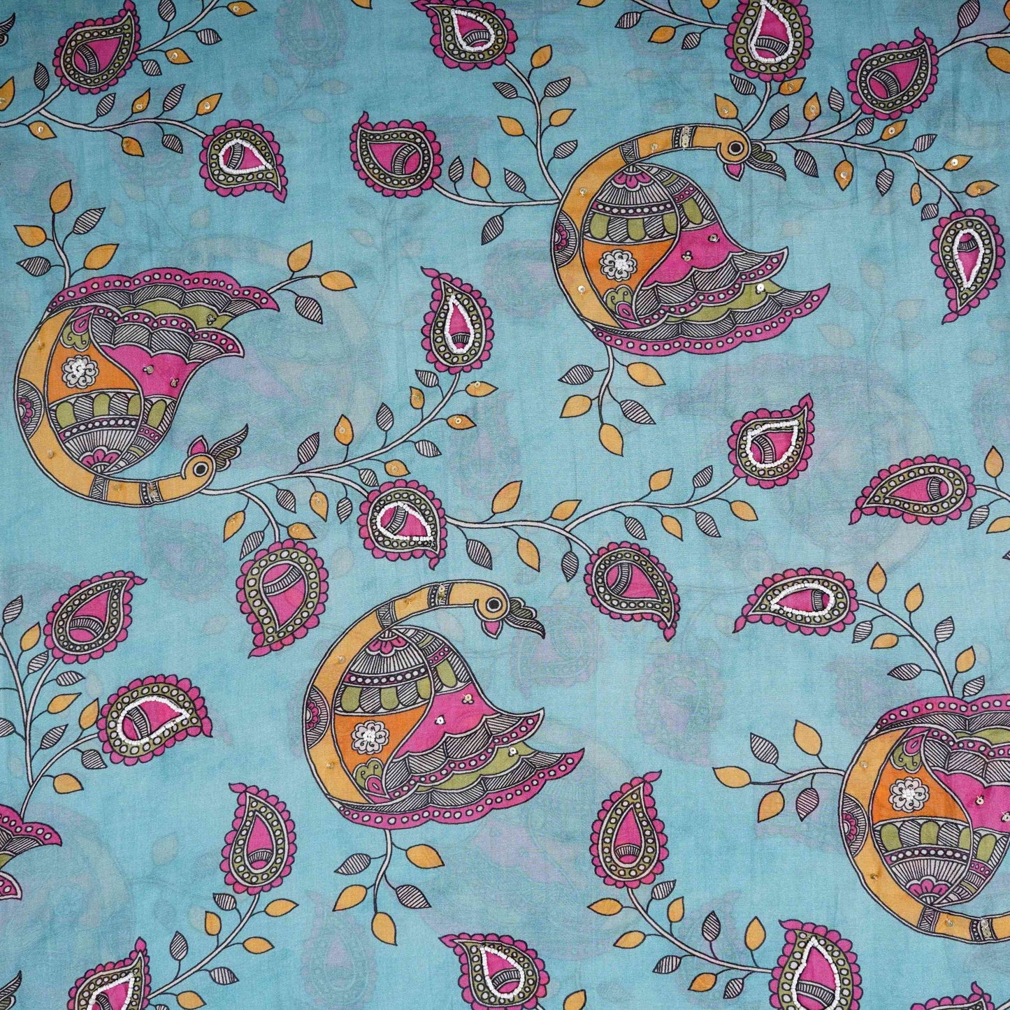 Turquoise Blue Pen Kalamkari With Hand Embroidery Mul Chanderi Fabric VF-30666