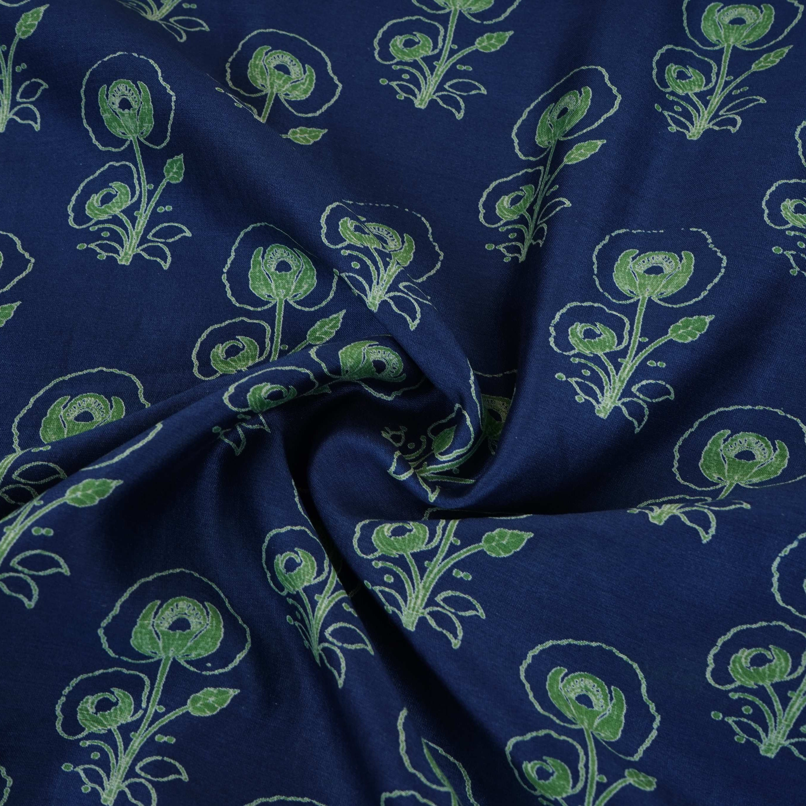 Blue Floral Print Pure 70gm Chanderi Fabric SN-30540 - TradeUNO