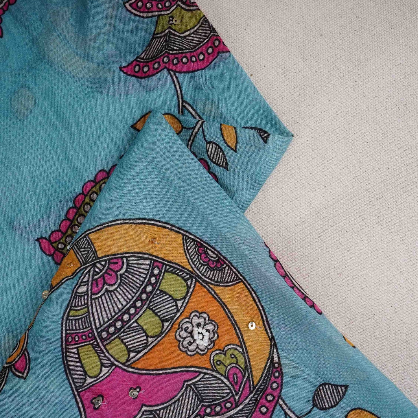 Turquoise Blue Pen Kalamkari With Hand Embroidery Mul Chanderi Fabric VF-30666