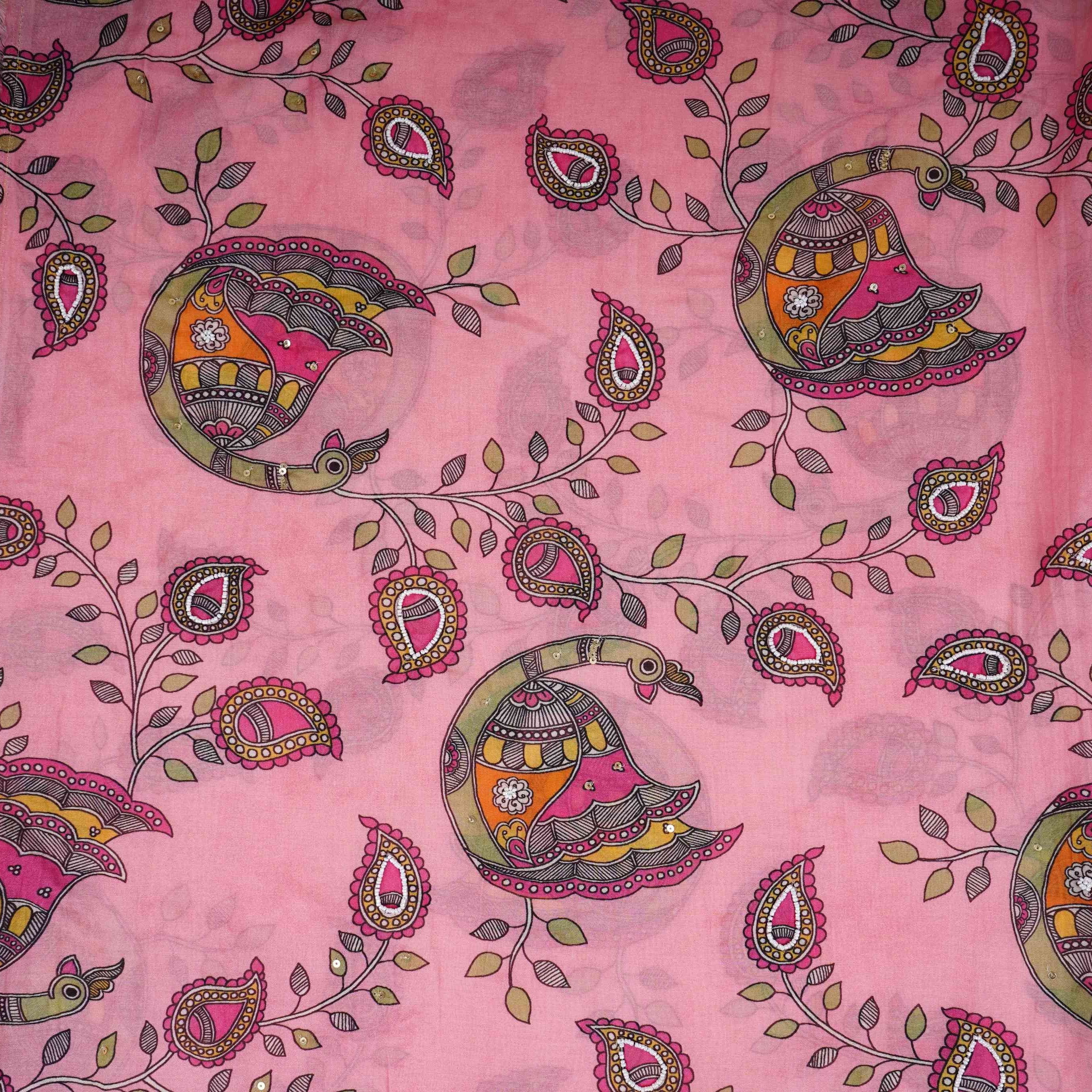 Pink Pen Kalamkari With Hand Embroidery Mul Chanderi Fabric VF-30664 - TradeUNO