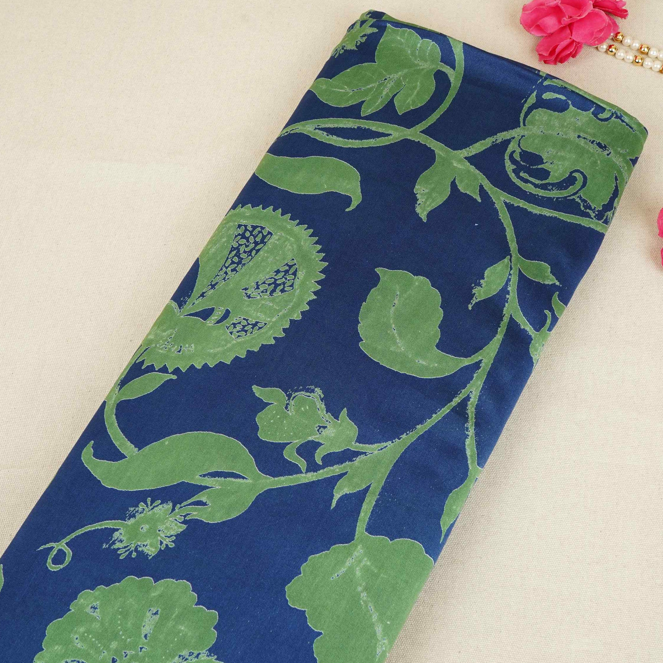 Blue Floral Print Pure 70gm Chanderi Fabric SN-30529 - TradeUNO