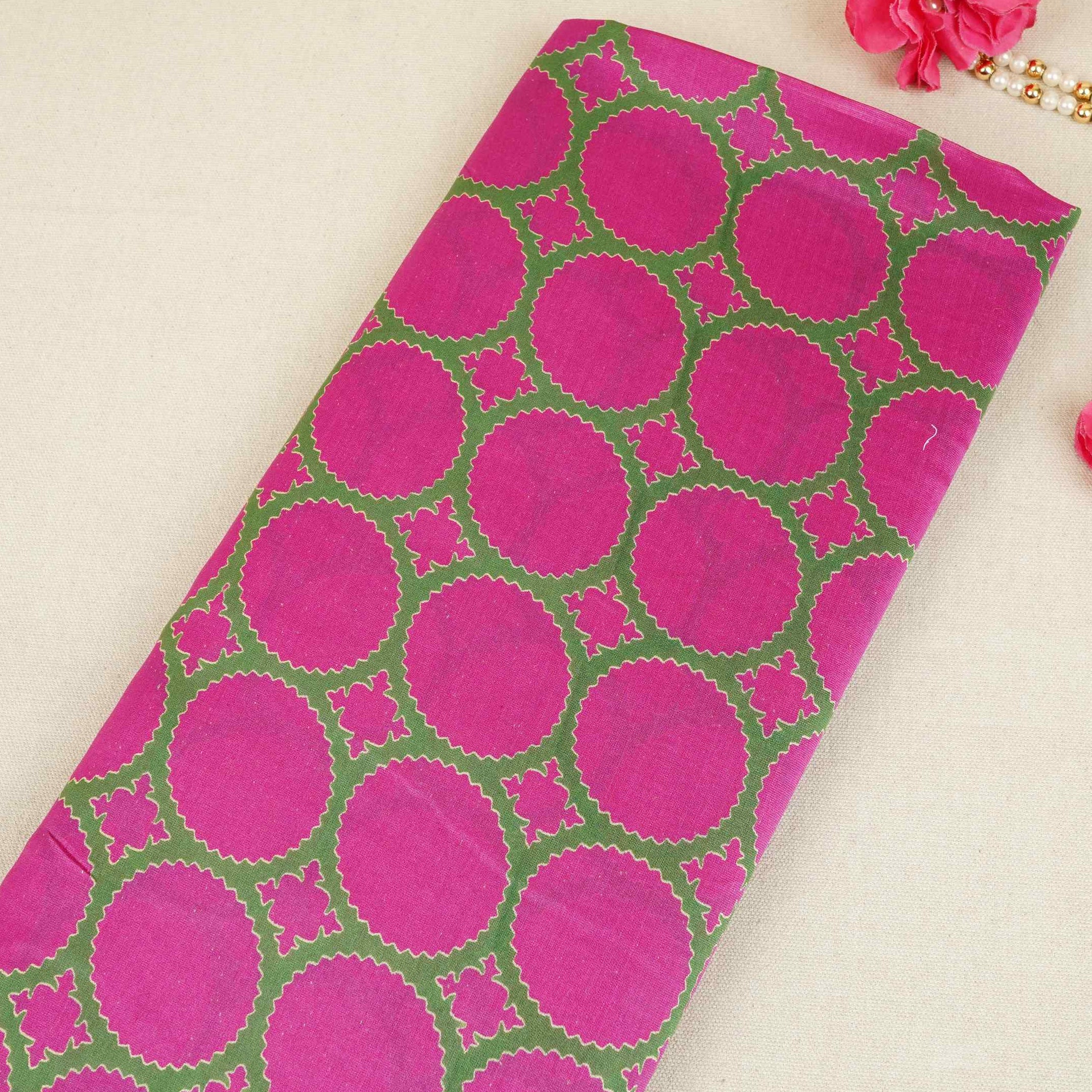 Magenta Pink Polka Dot Print Pure 70gm Chanderi Fabric SN-30545 - TradeUNO