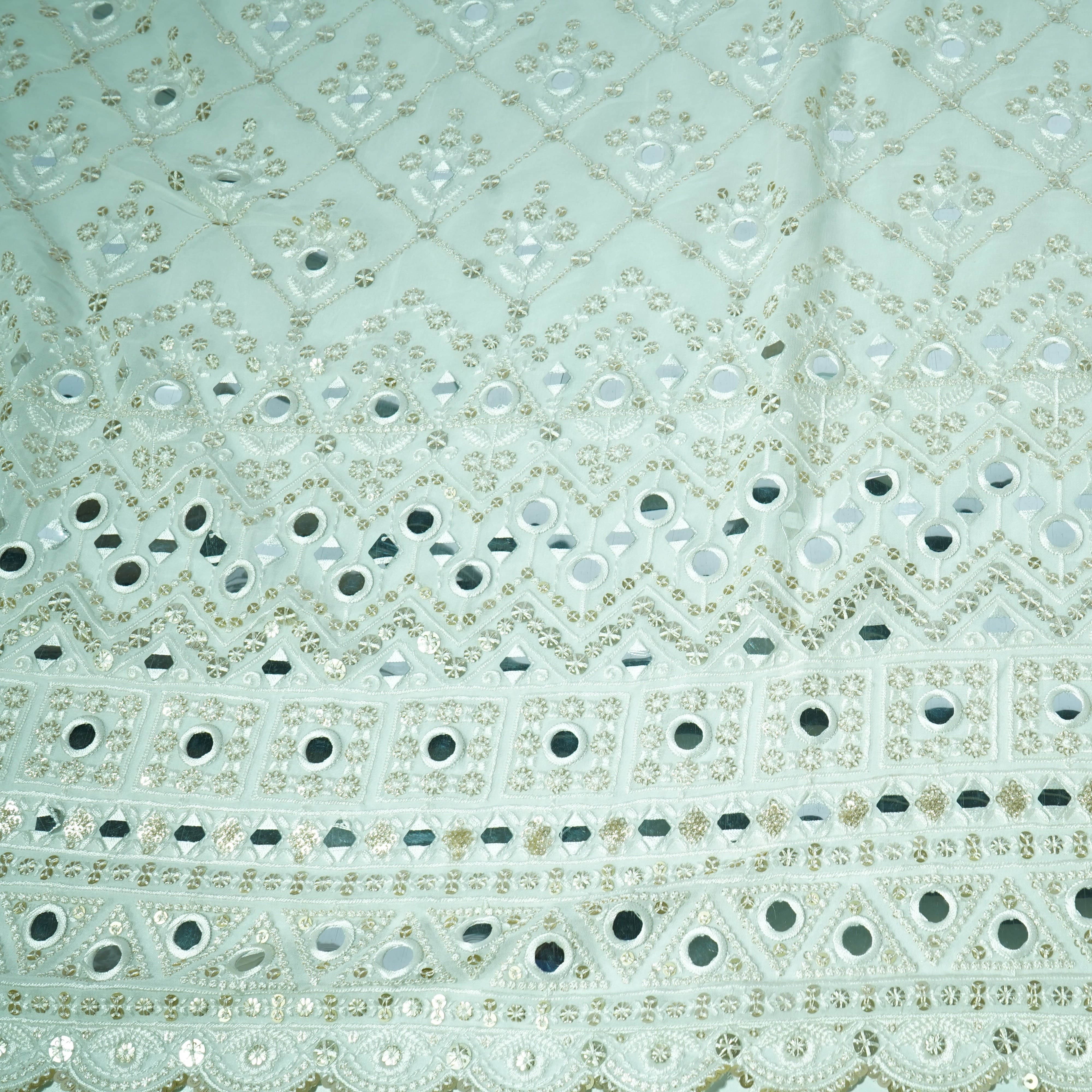 White Geometrical Sequins Embroidery Georgette Dyeable Fabric