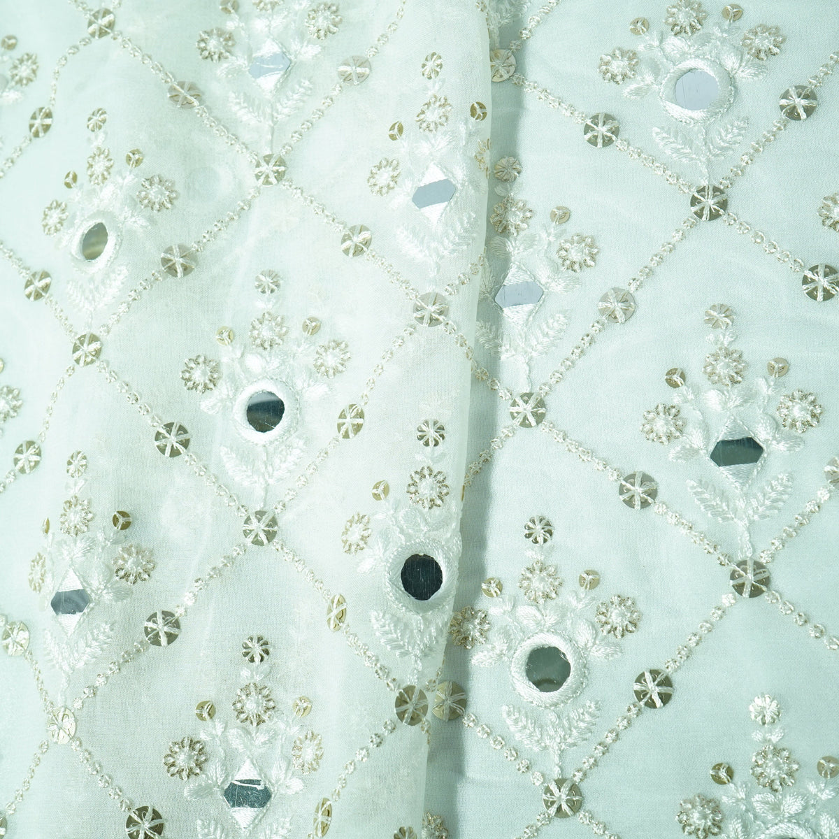 White Geometrical Sequins Embroidery Georgette Dyeable Fabric