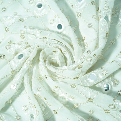 White Geometrical Sequins Embroidery Georgette Dyeable Fabric