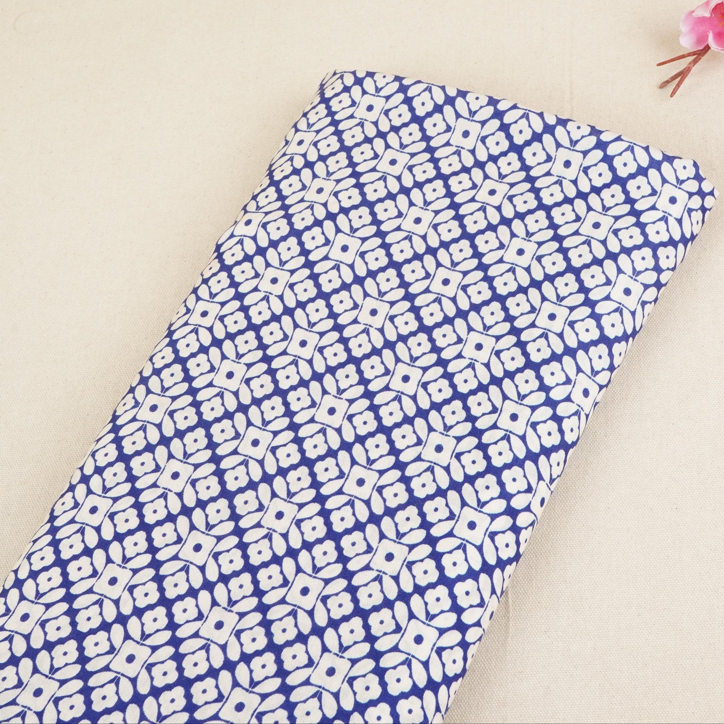 Royal Blue with Off White Floral Print Muslin Fabric MT-29390