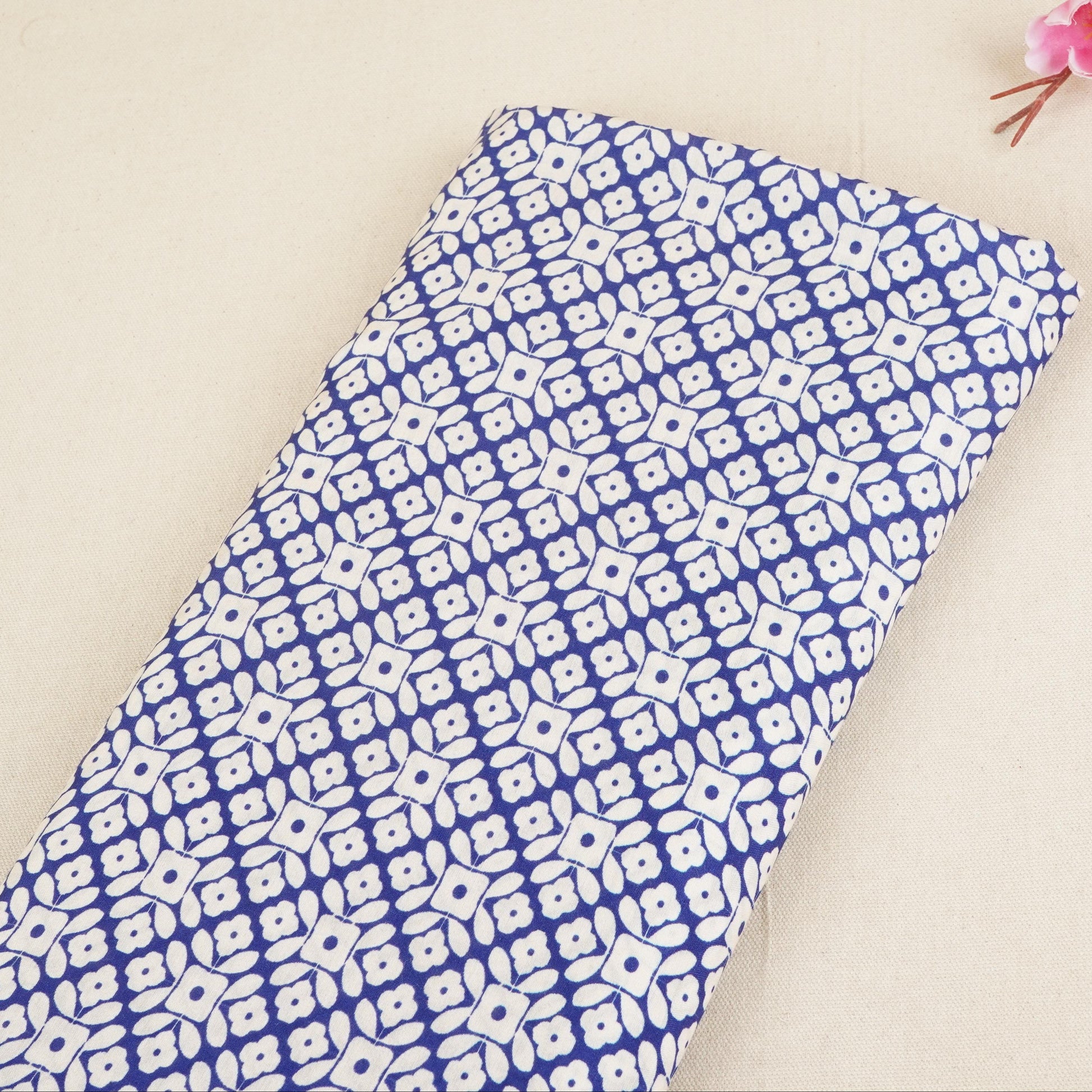 Royal Blue with Off White Floral Print Muslin Fabric MT-29390