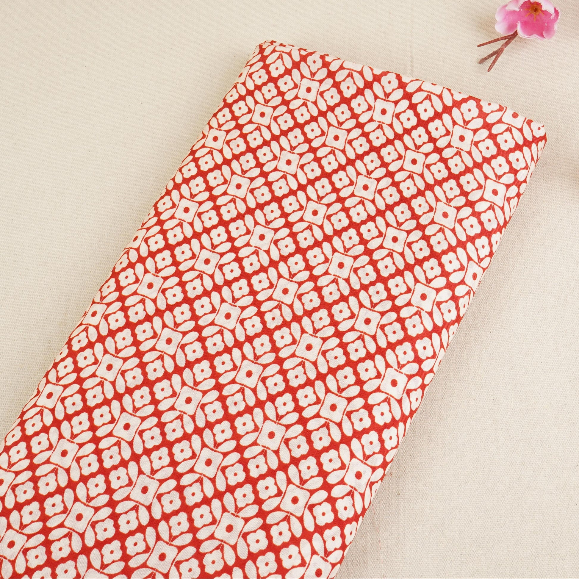 Red with Cream Floral Print Muslin Fabric MT-29389