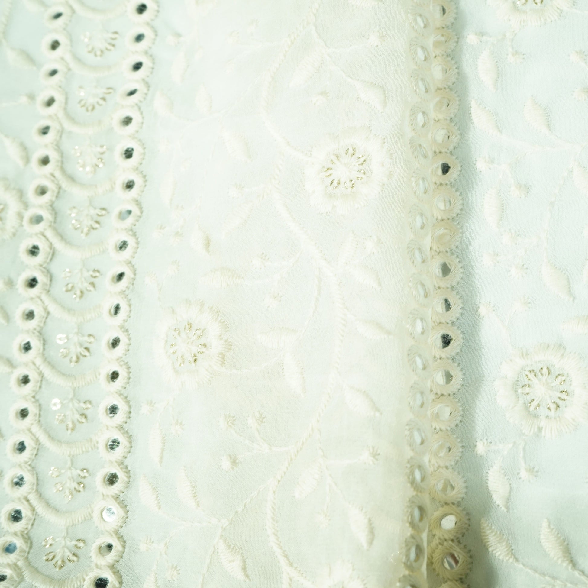 White Dyeable Chikankari Mirror Embroidery Georgette Fabric