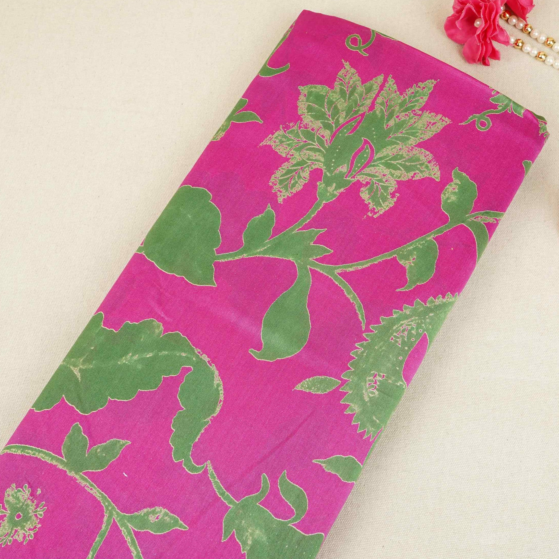 Magenta Pink Floral Print Pure 70gm Chanderi Fabric SN-30523 - TradeUNO