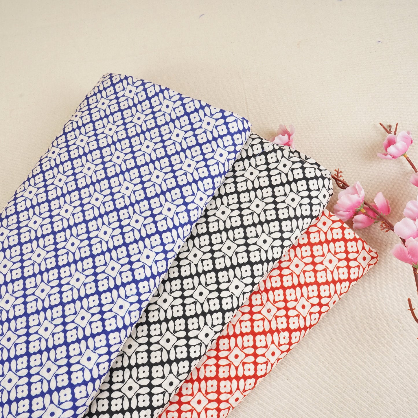 Royal Blue with Off White Floral Print Muslin Fabric MT-29390