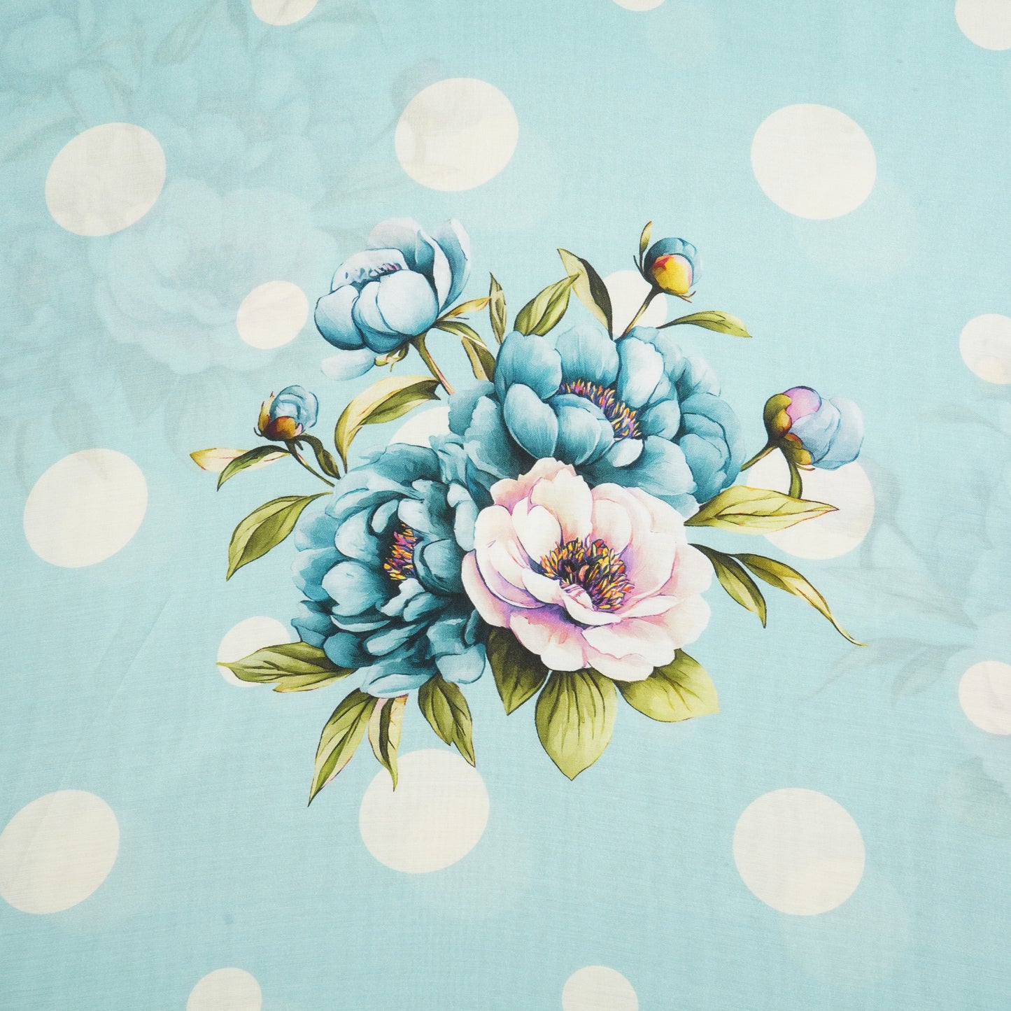 Aqua Blue Floral Polka Dot Print Muslin Fabric MT-29401
