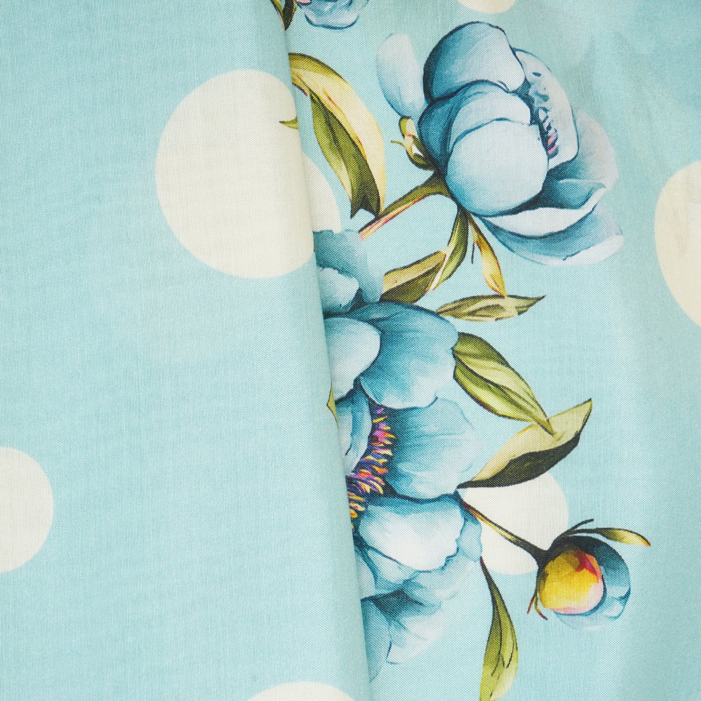 Aqua Blue Floral Polka Dot Print Muslin Fabric MT-29401