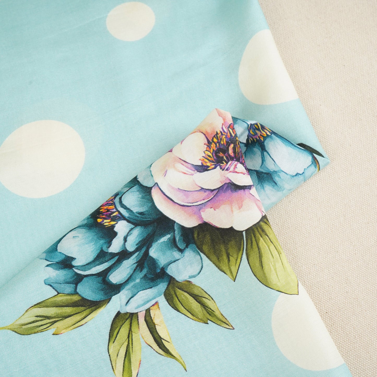 Aqua Blue Floral Polka Dot Print Muslin Fabric MT-29401