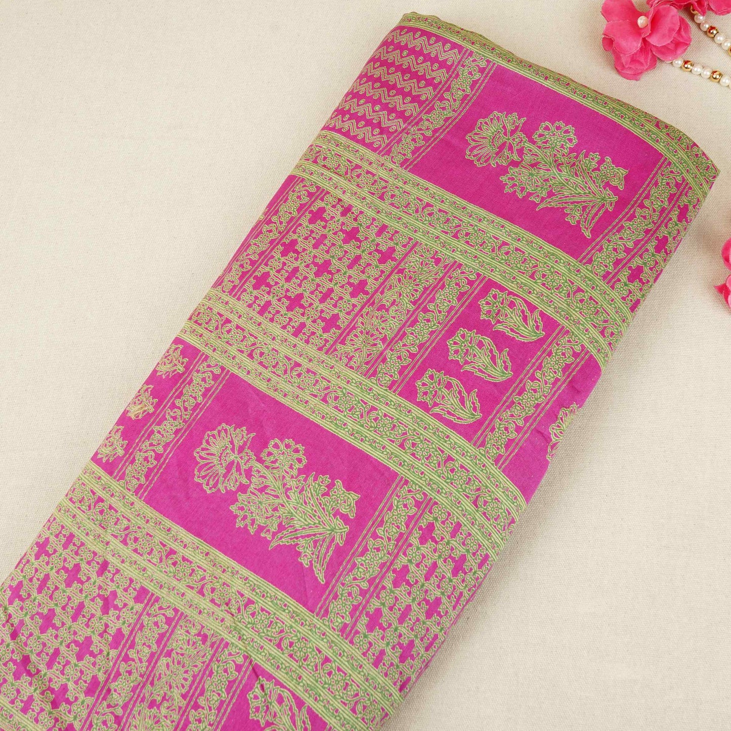 Magenta Pink Mughal Print Pure 70gm Chanderi Fabric SN-30524