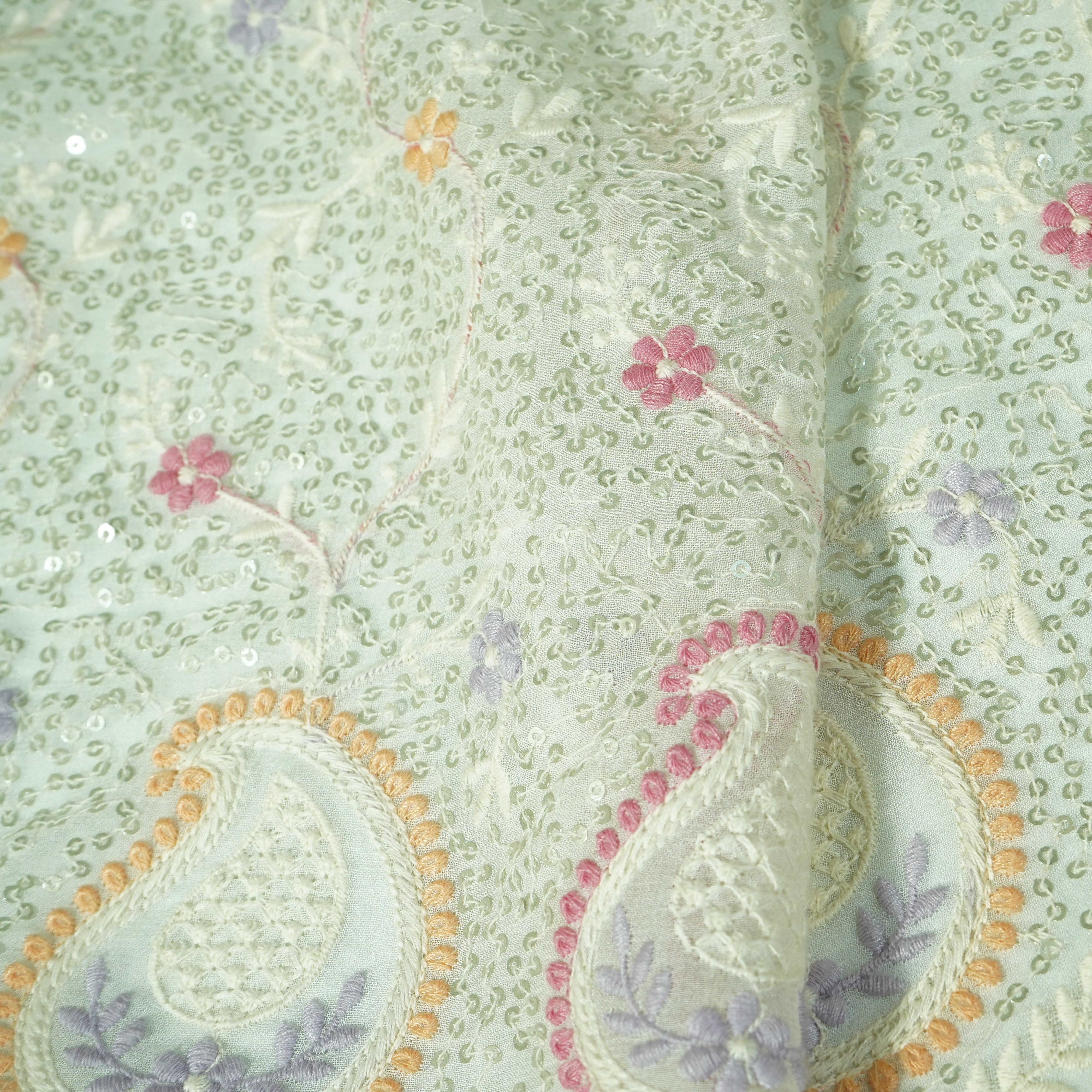 Classic White Floral Chikankari Work Dyeable Georgette Fabric