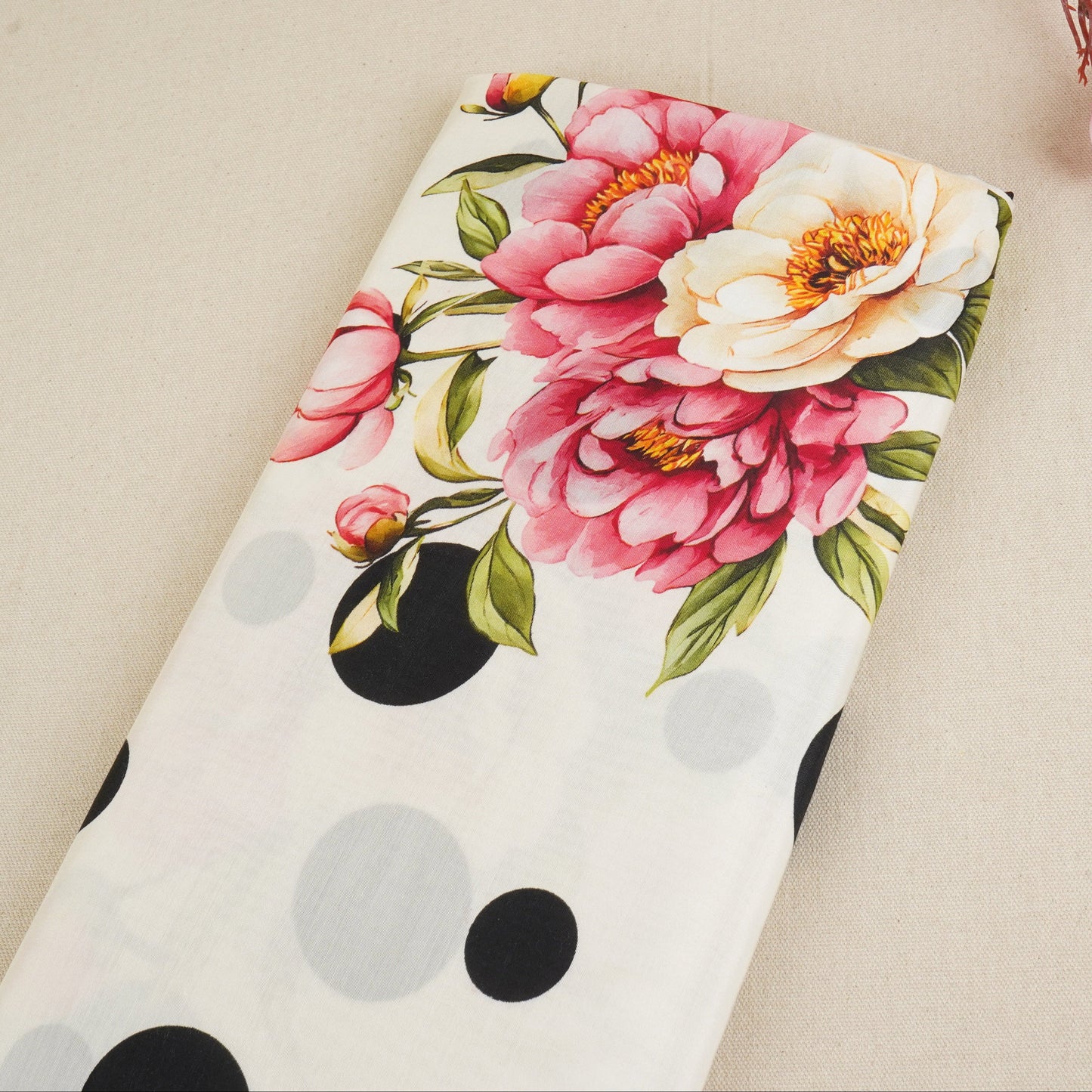 Off White Floral Polka Dot Print Muslin Fabric MT-29402