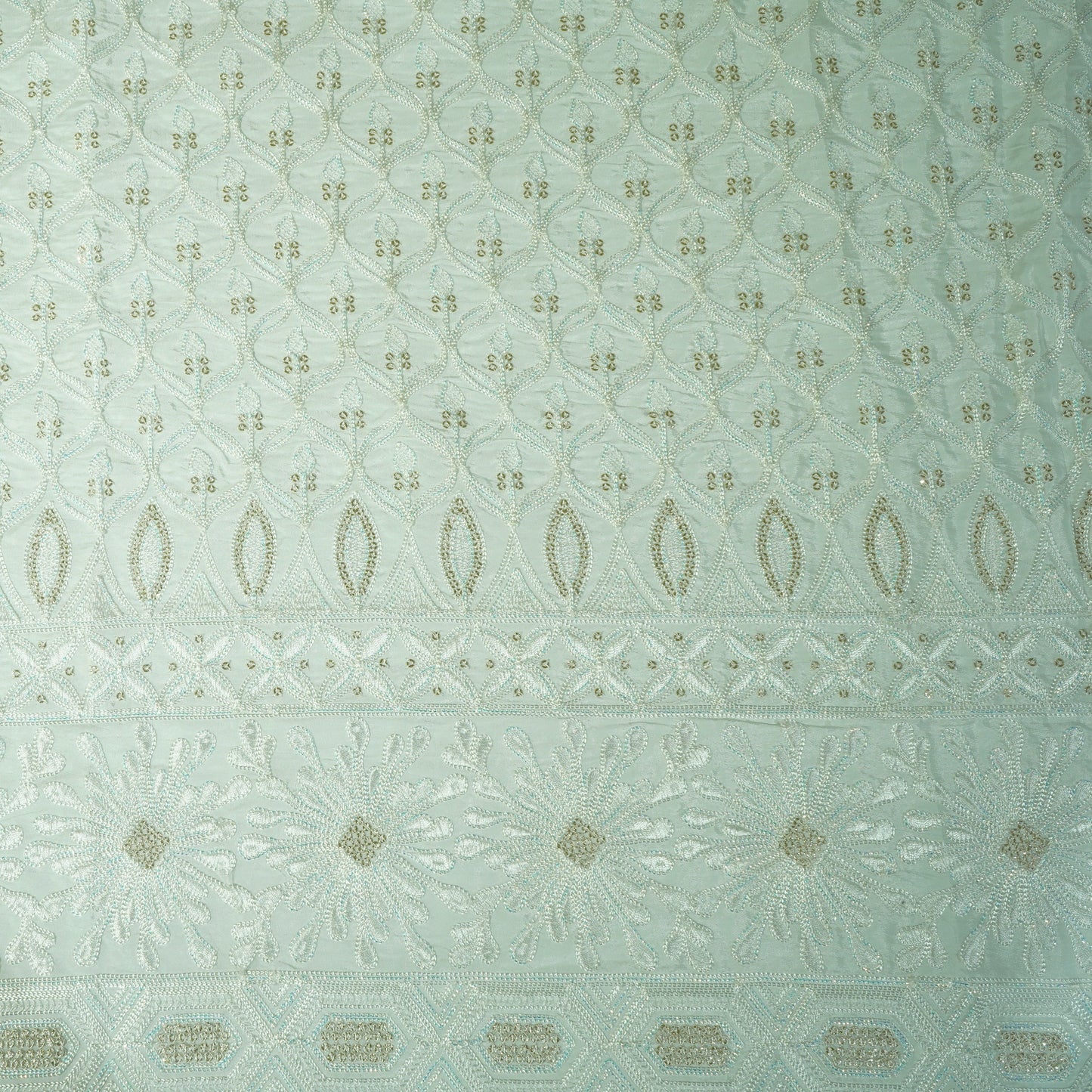 White Floral Sequins Embroidery Russian Silk Fabric