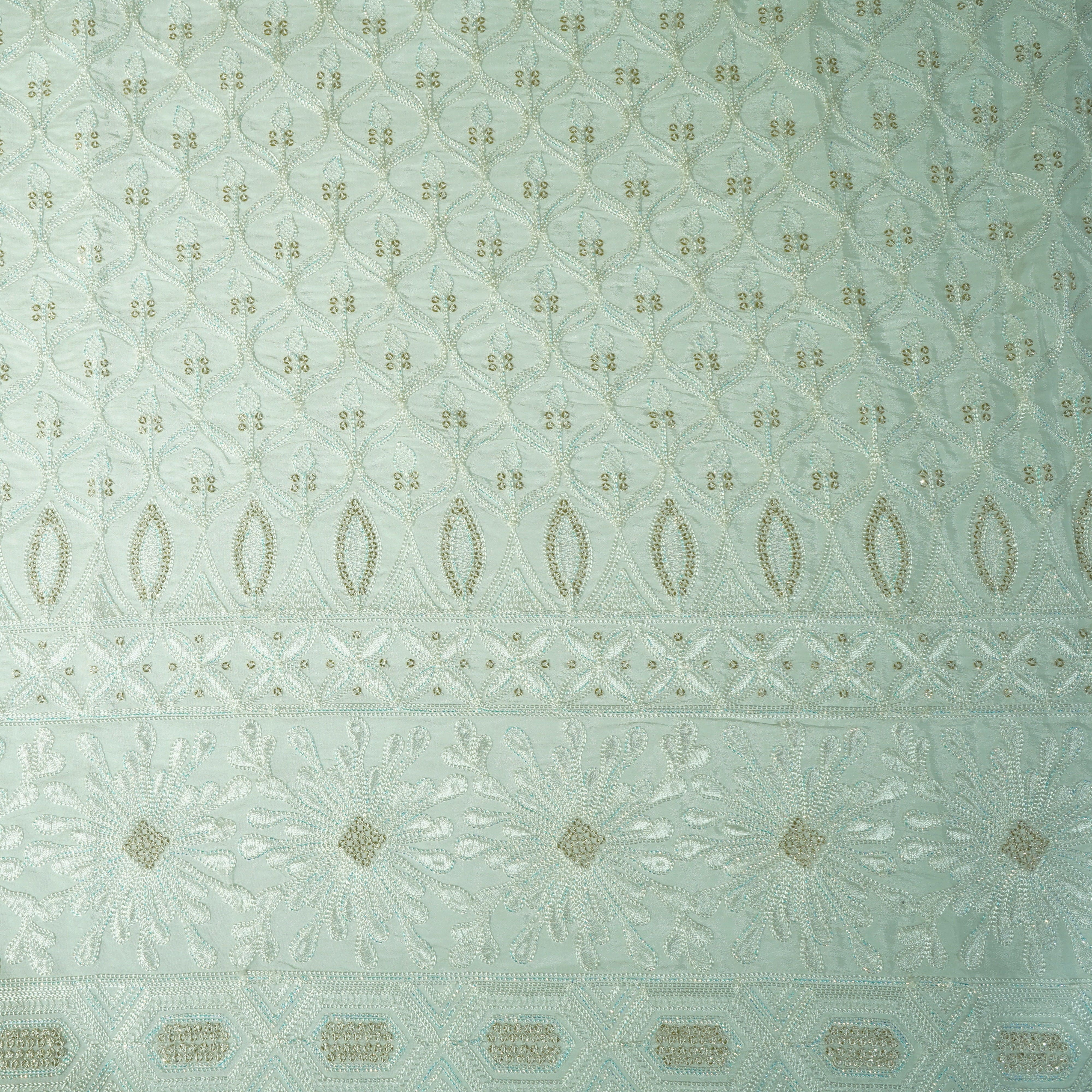 White Floral Sequins Embroidery Russian Silk Fabric