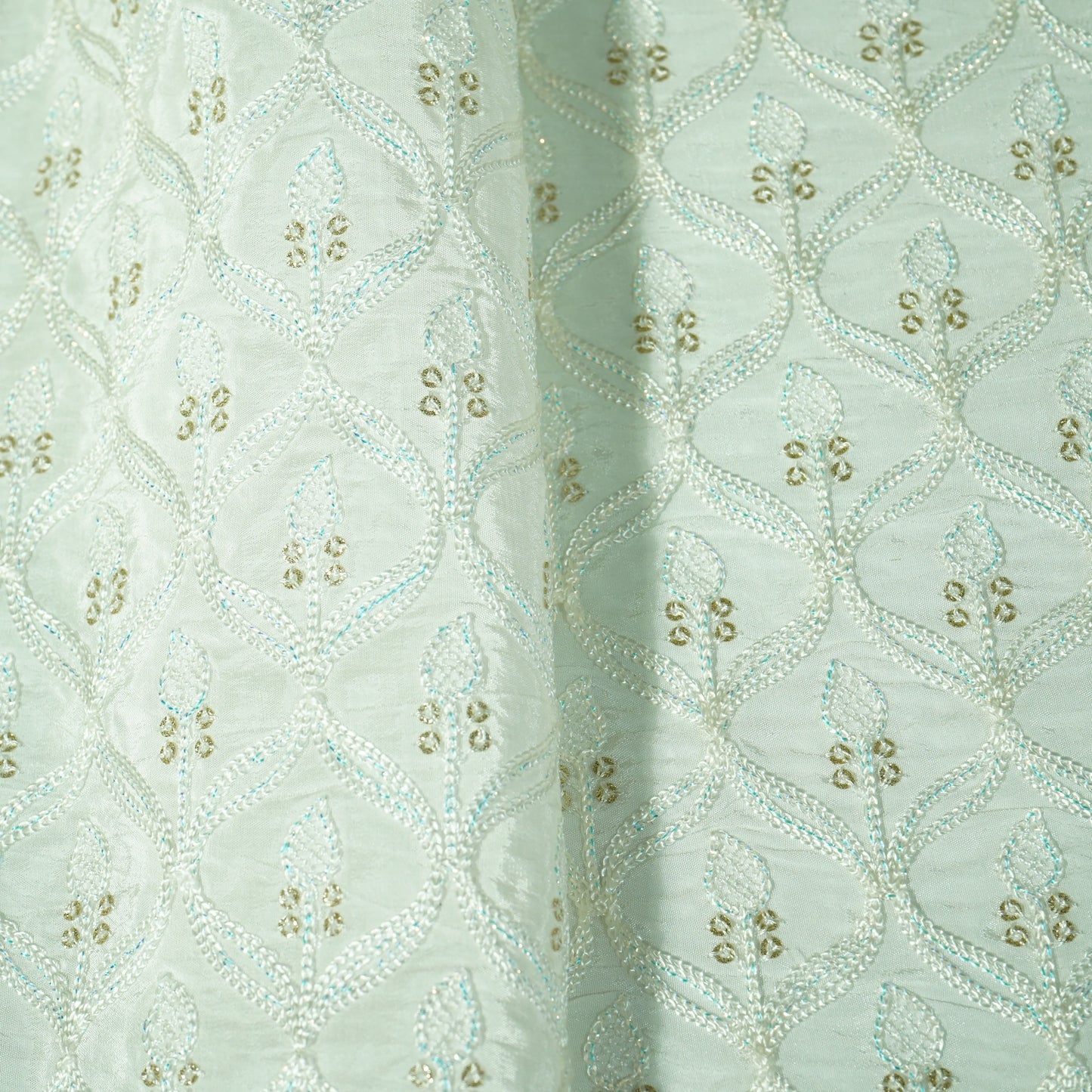 White Floral Sequins Embroidery Russian Silk Fabric