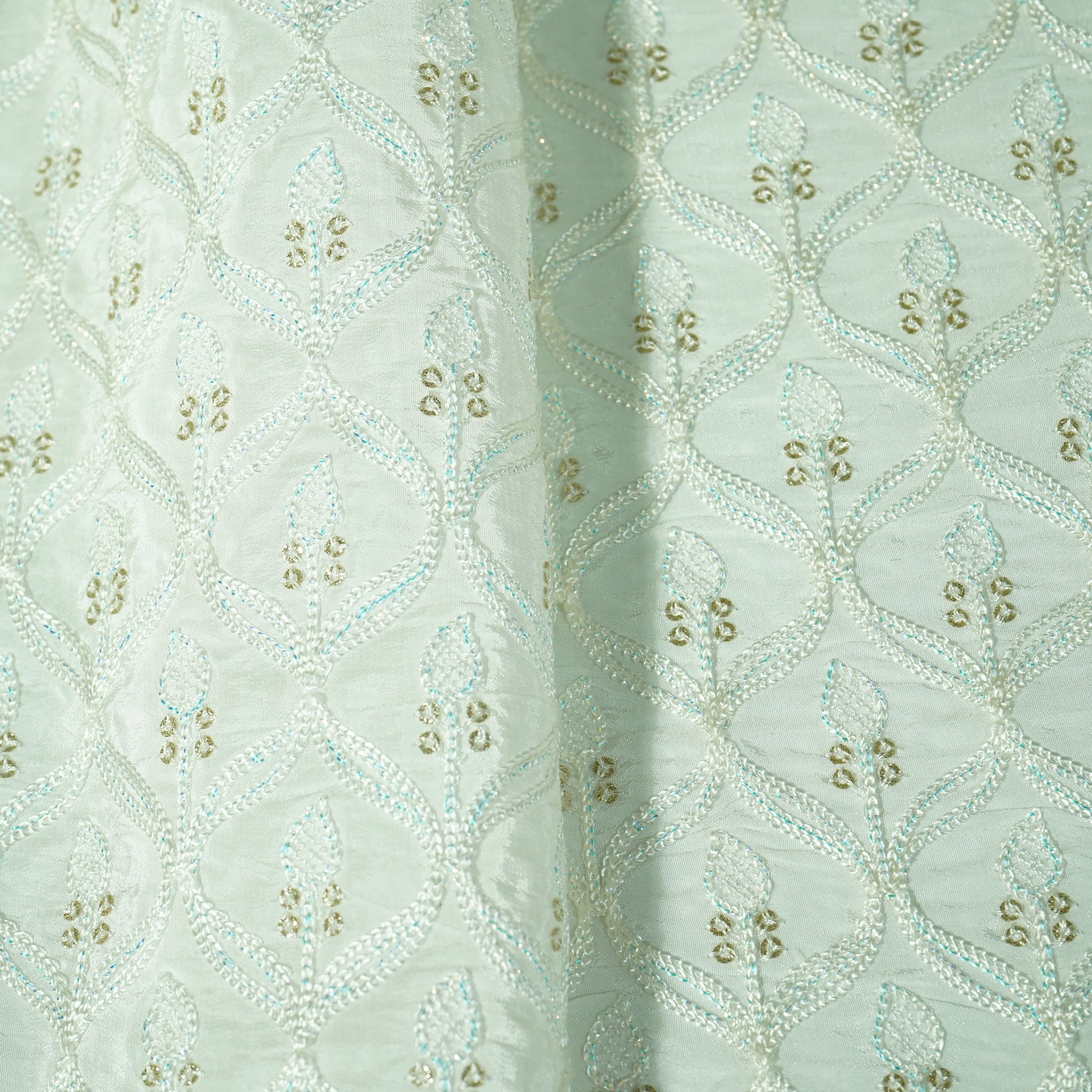 White Floral Sequins Embroidery Russian Silk Fabric