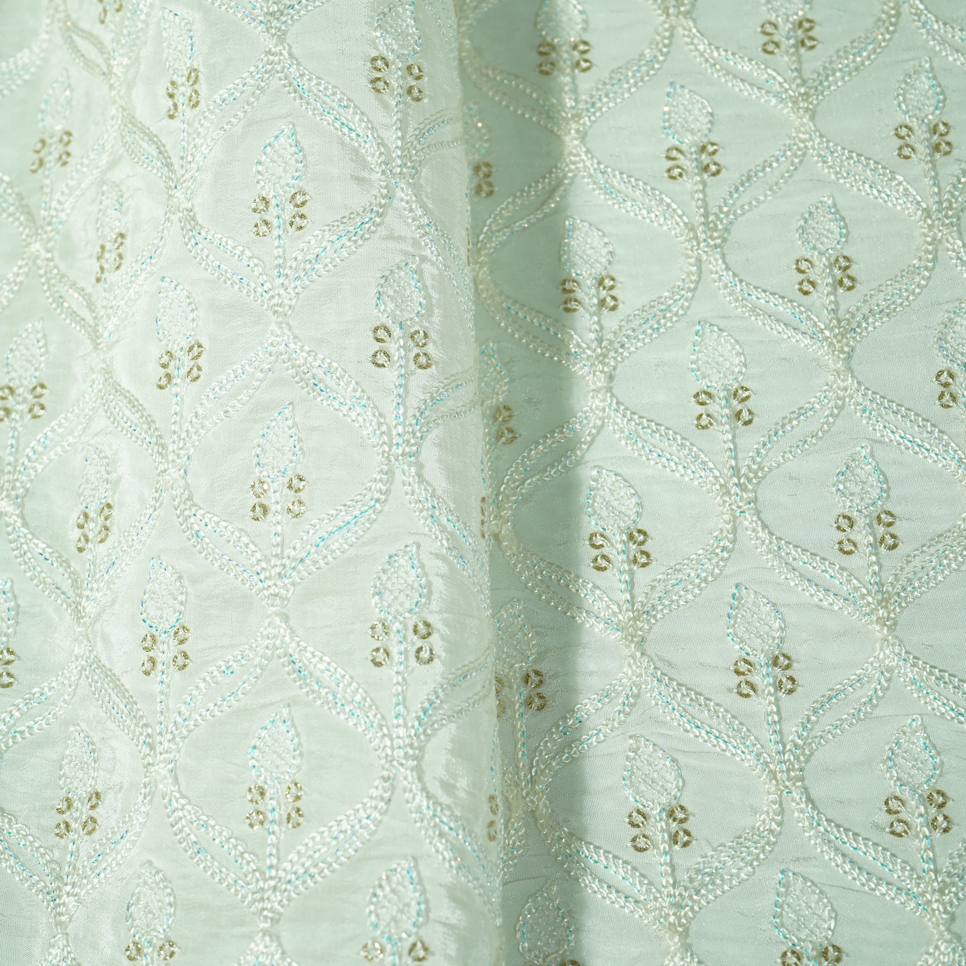 White Floral Sequins Embroidery Russian Silk Fabric