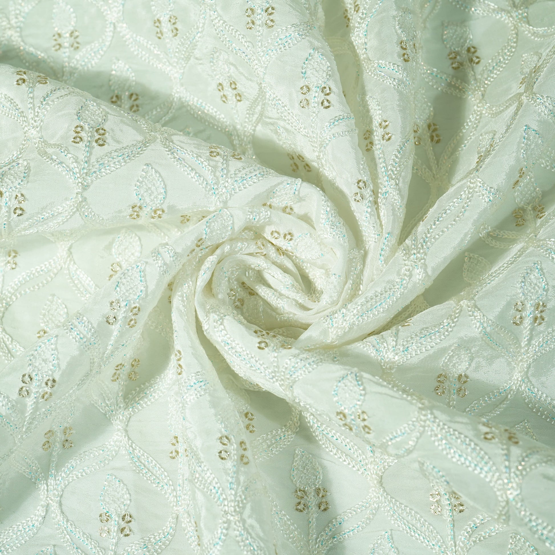 White Floral Sequins Embroidery Russian Silk Fabric