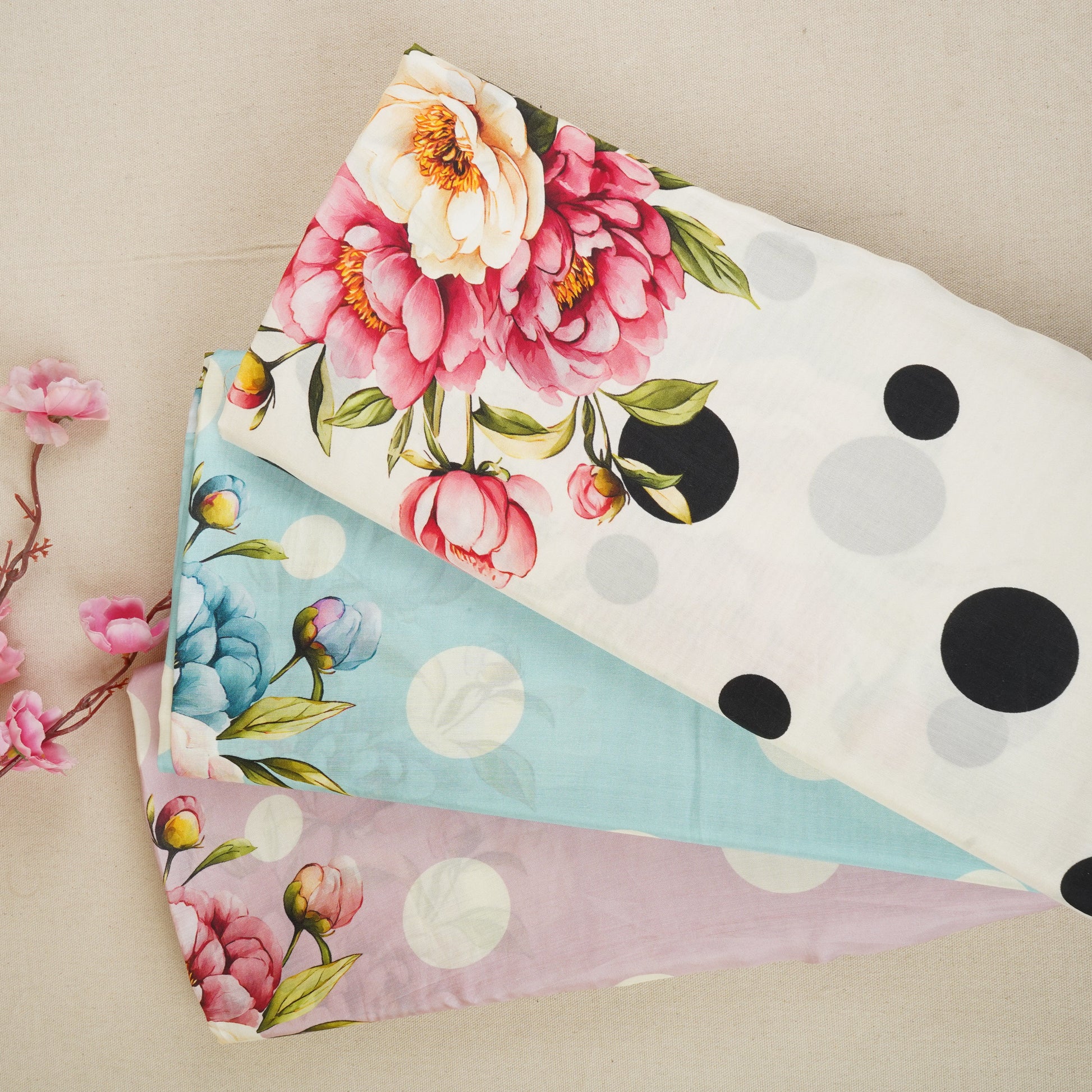 Aqua Blue Floral Polka Dot Print Muslin Fabric MT-29401