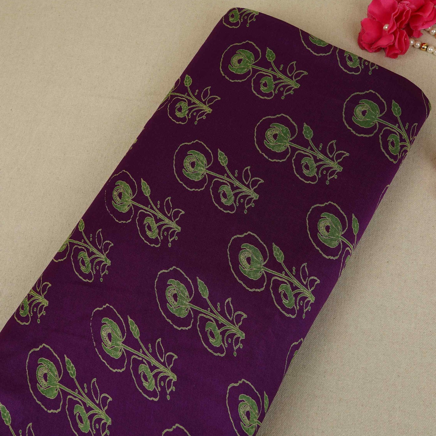 Purple Floral Print Pure 70gm Chanderi Fabric SN-30536
