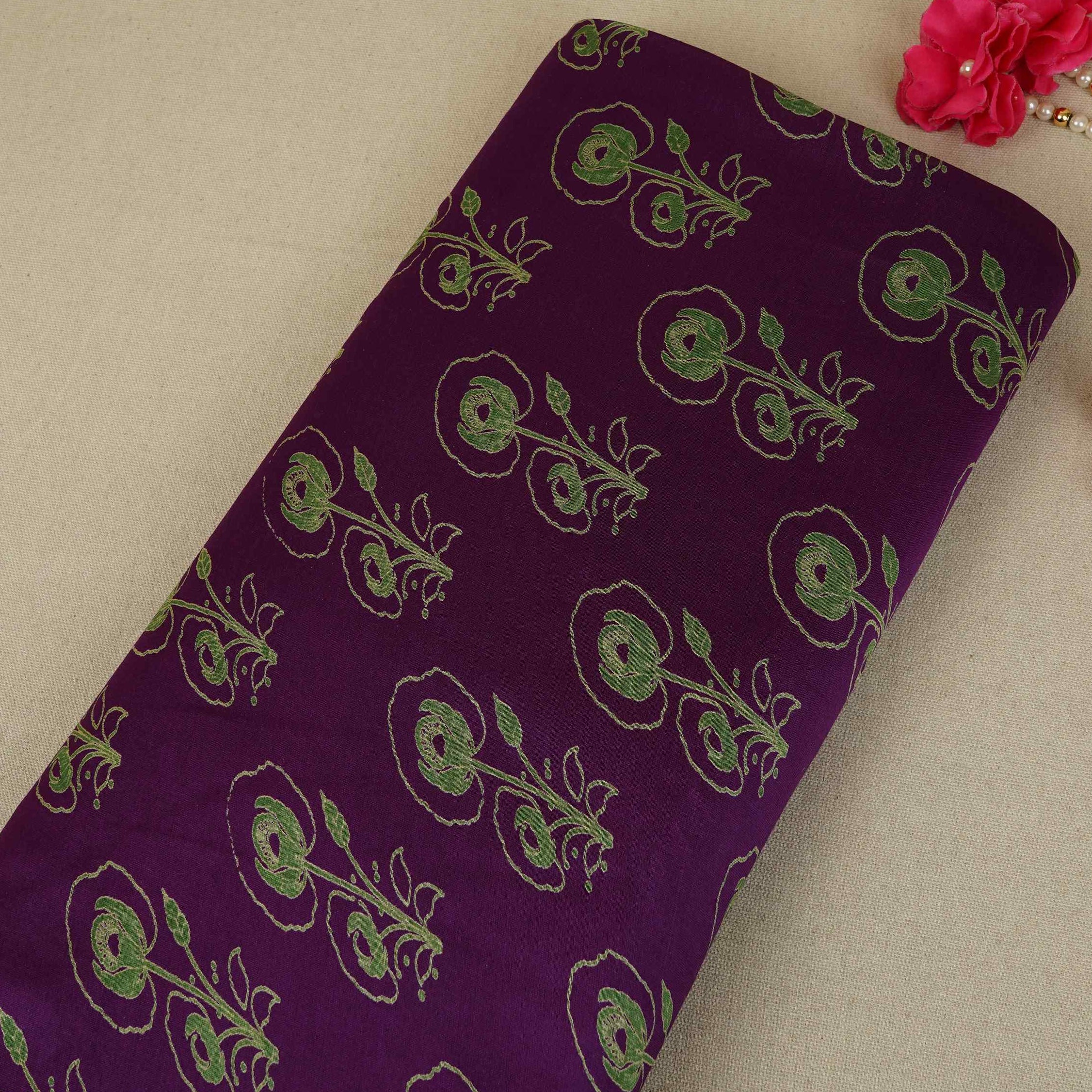 Purple Floral Print Pure 70gm Chanderi Fabric SN-30536 - TradeUNO